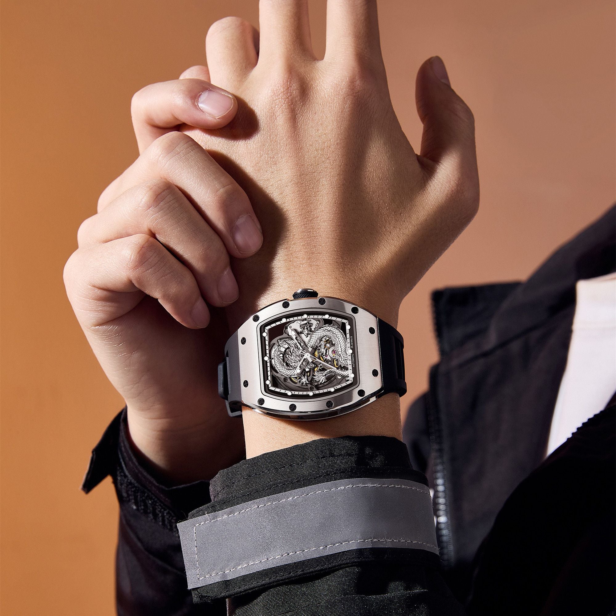 MEGIR Automatic Mechanical Skeleton Men Watch Luxury Stainless Steel Case Tonneau Dial Wristwatch Waterproof Sport Watches 9190-15-4