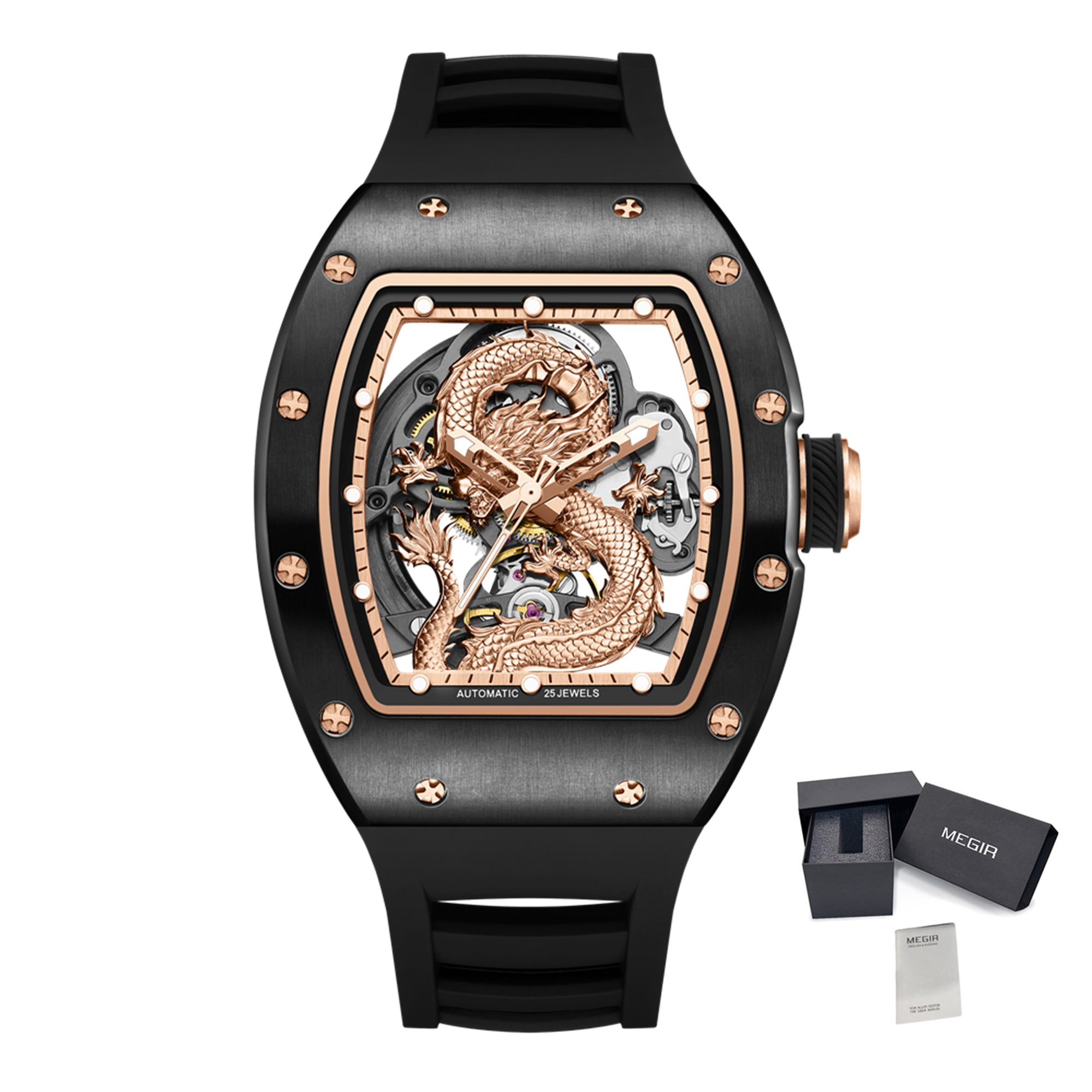 MEGIR Automatic Mechanical Skeleton Men Watch Luxury Stainless Steel Case Tonneau Dial Wristwatch Waterproof Sport Watches 9190-15-16