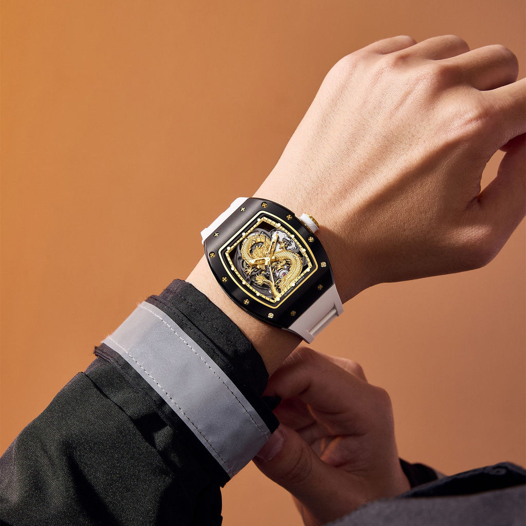 MEGIR Automatic Mechanical Skeleton Men Watch Luxury Stainless Steel Case Tonneau Dial Wristwatch Waterproof Sport Watches 9190-15-3