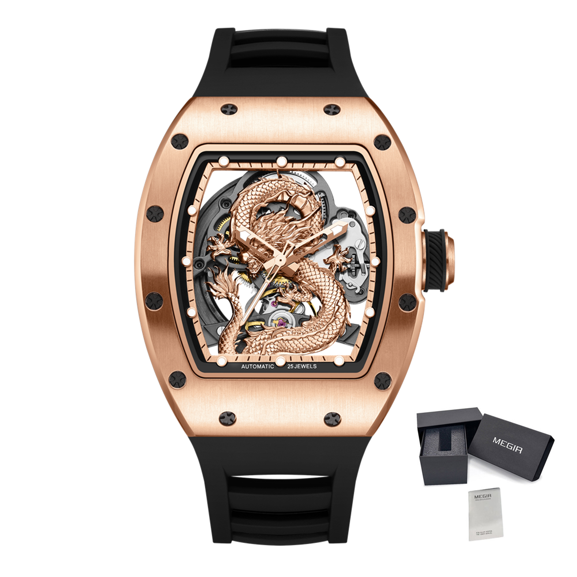 MEGIR Automatic Mechanical Skeleton Men Watch Luxury Stainless Steel Case Tonneau Dial Wristwatch Waterproof Sport Watches 9190-15-17