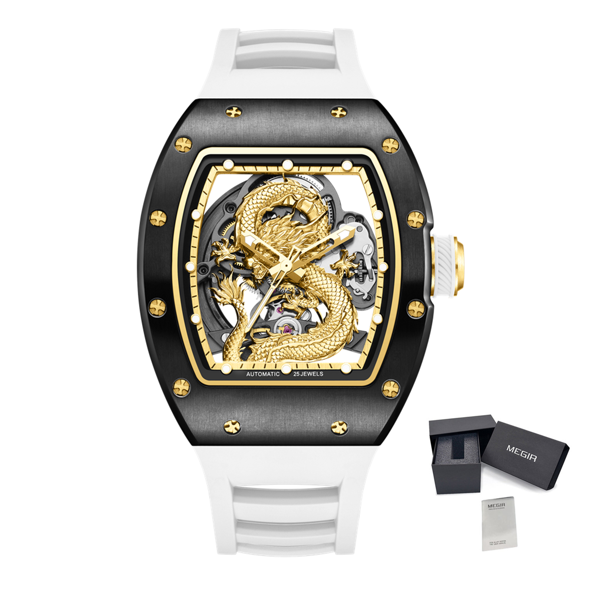 MEGIR Automatic Mechanical Skeleton Men Watch Luxury Stainless Steel Case Tonneau Dial Wristwatch Waterproof Sport Watches 9190-15-18