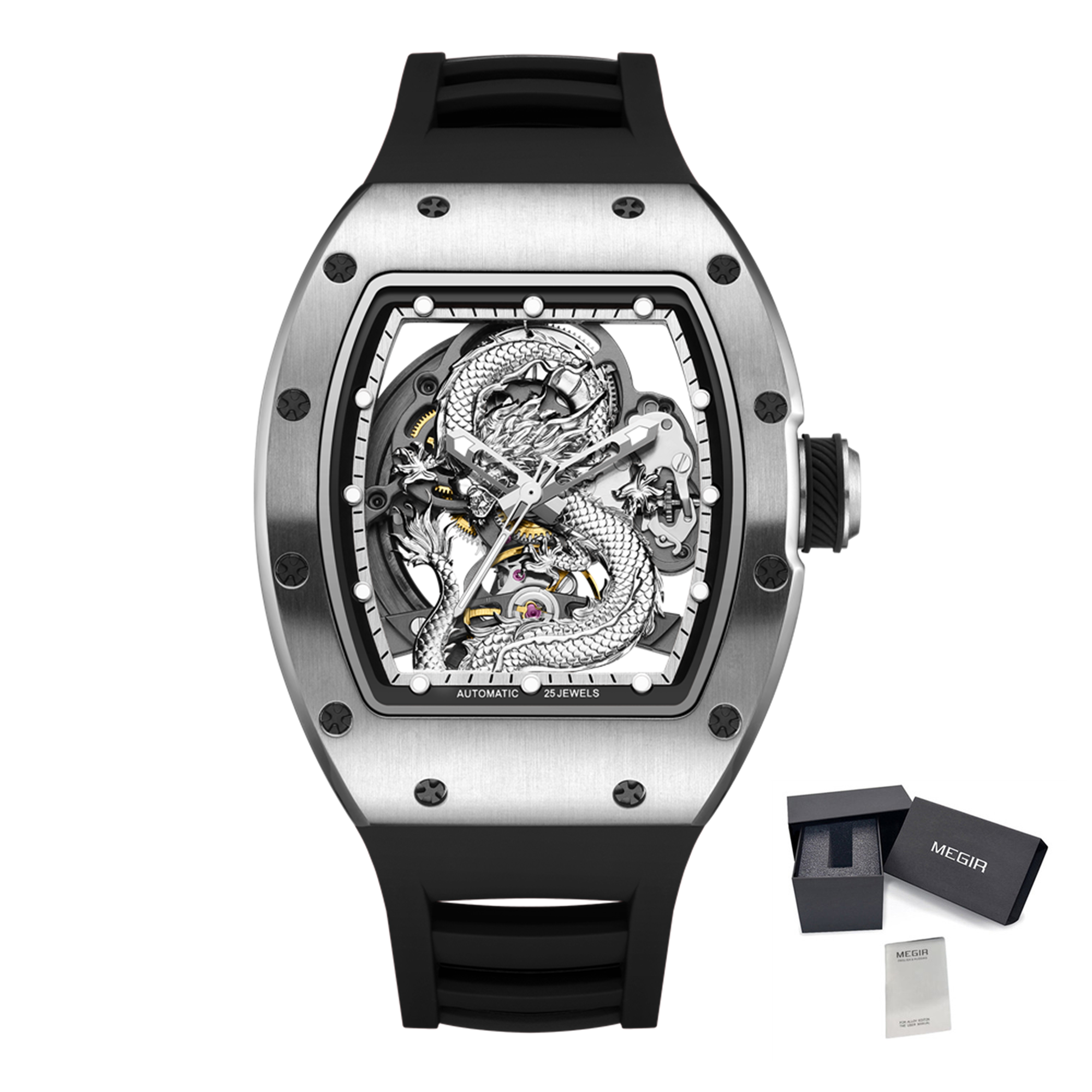 MEGIR Automatic Mechanical Skeleton Men Watch Luxury Stainless Steel Case Tonneau Dial Wristwatch Waterproof Sport Watches 9190-15-19