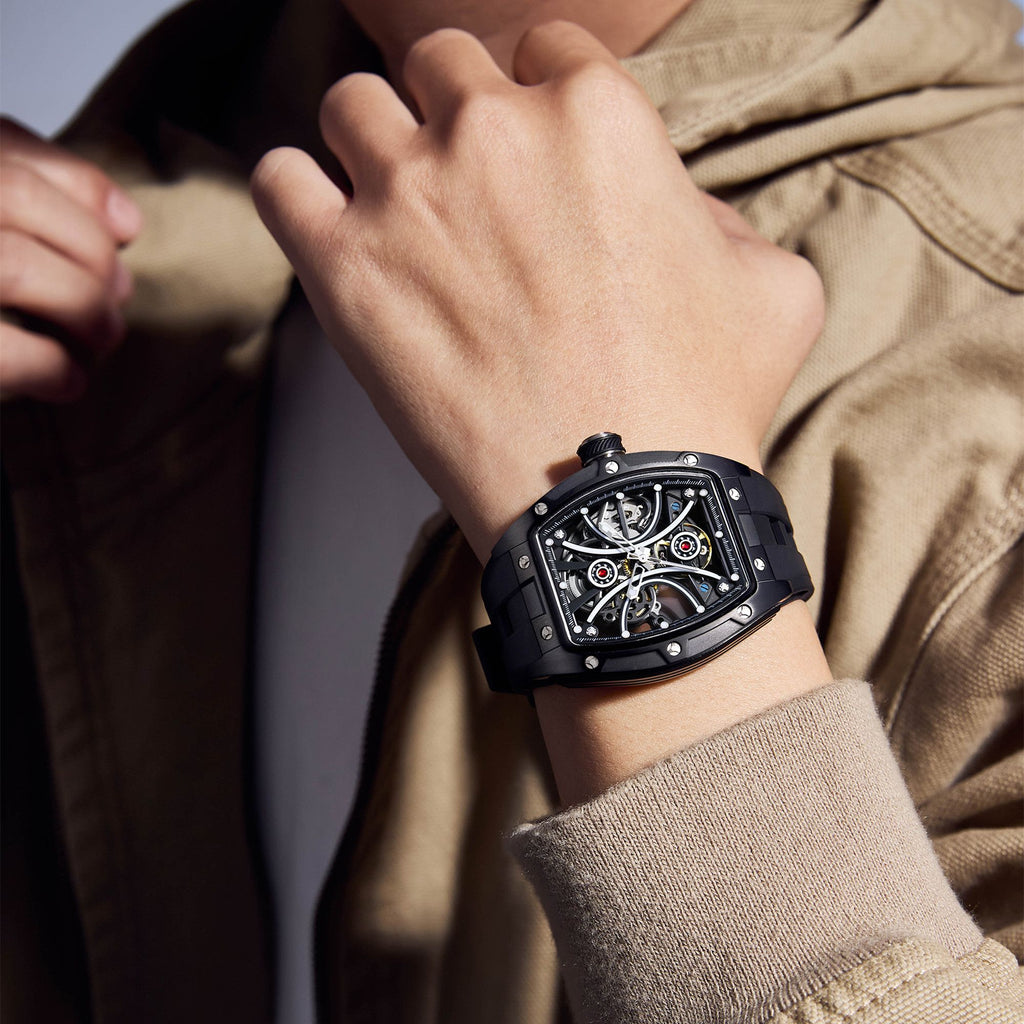 MEGIR Men's Sports Watch Fashion Automatic Mechanical Movement Watches Skeleton Luminous Waterproof Business Wristwatches 9198-4-4