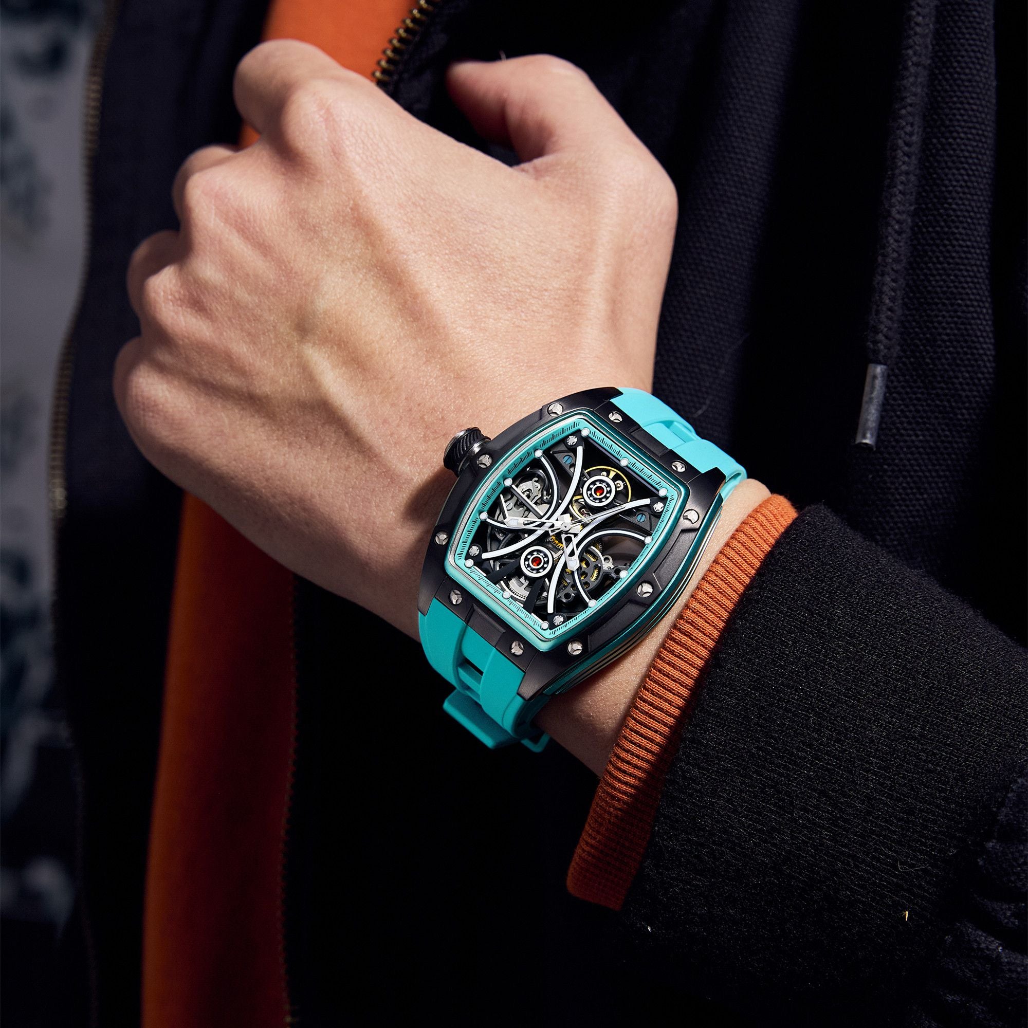 MEGIR Men's Sports Watch Fashion Automatic Mechanical Movement Watches Skeleton Luminous Waterproof Business Wristwatches 9198-4-2