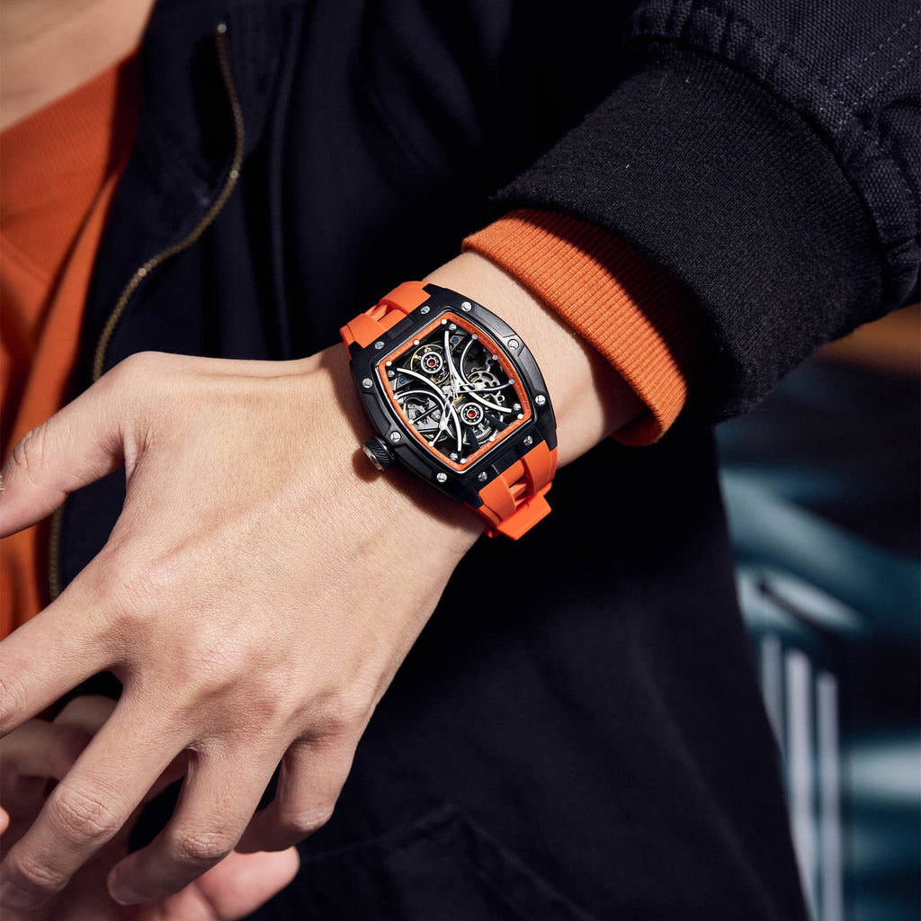 MEGIR Men's Sports Watch Fashion Automatic Mechanical Movement Watches Skeleton Luminous Waterproof Business Wristwatches 9198-4-1