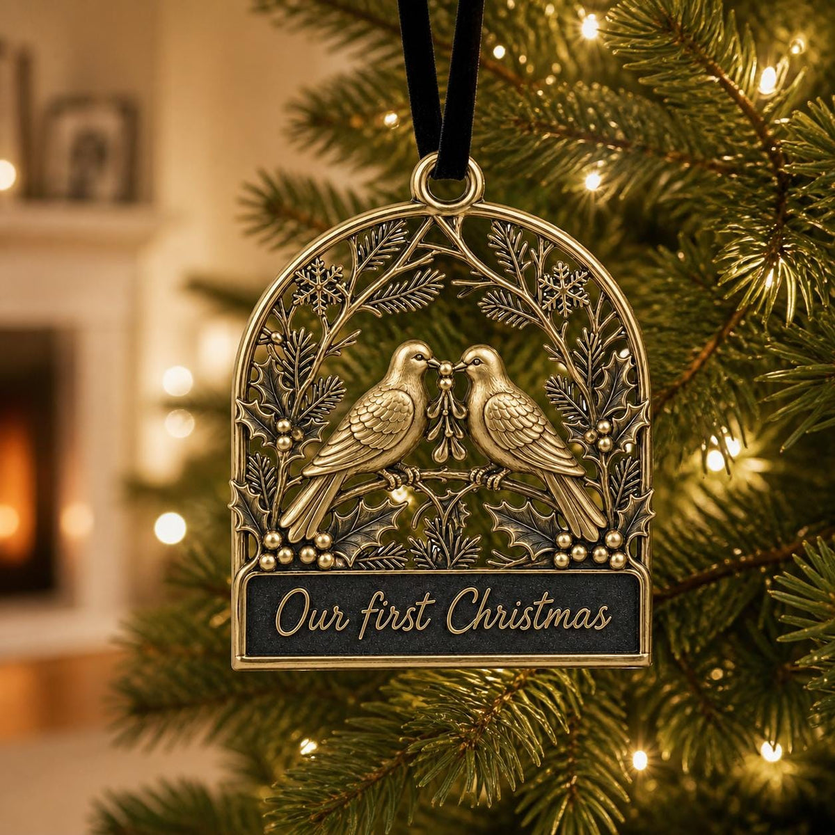 Two Doves First Christmas Ornament – Antique Brass, Personalized
