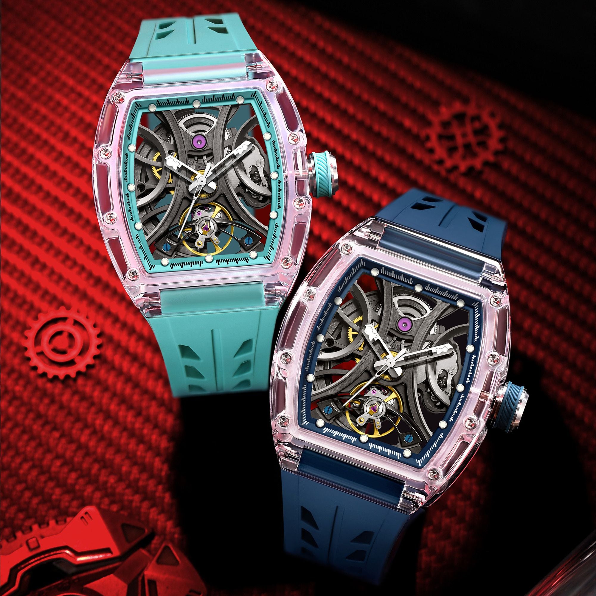 MEGIR Automatic Sport Watch for Men Transparent 43MM Hollow Dial Mechanical Movment Wristwatch Waterproof Luminous Clock 9195-11-9