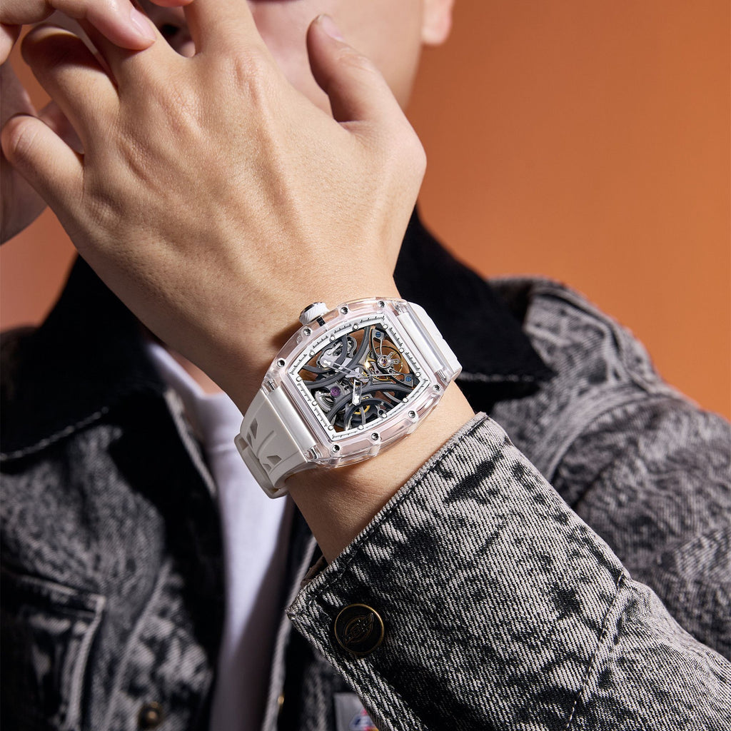 MEGIR Automatic Sport Watch for Men Transparent 43MM Hollow Dial Mechanical Movment Wristwatch Waterproof Luminous Clock 9195-11-2