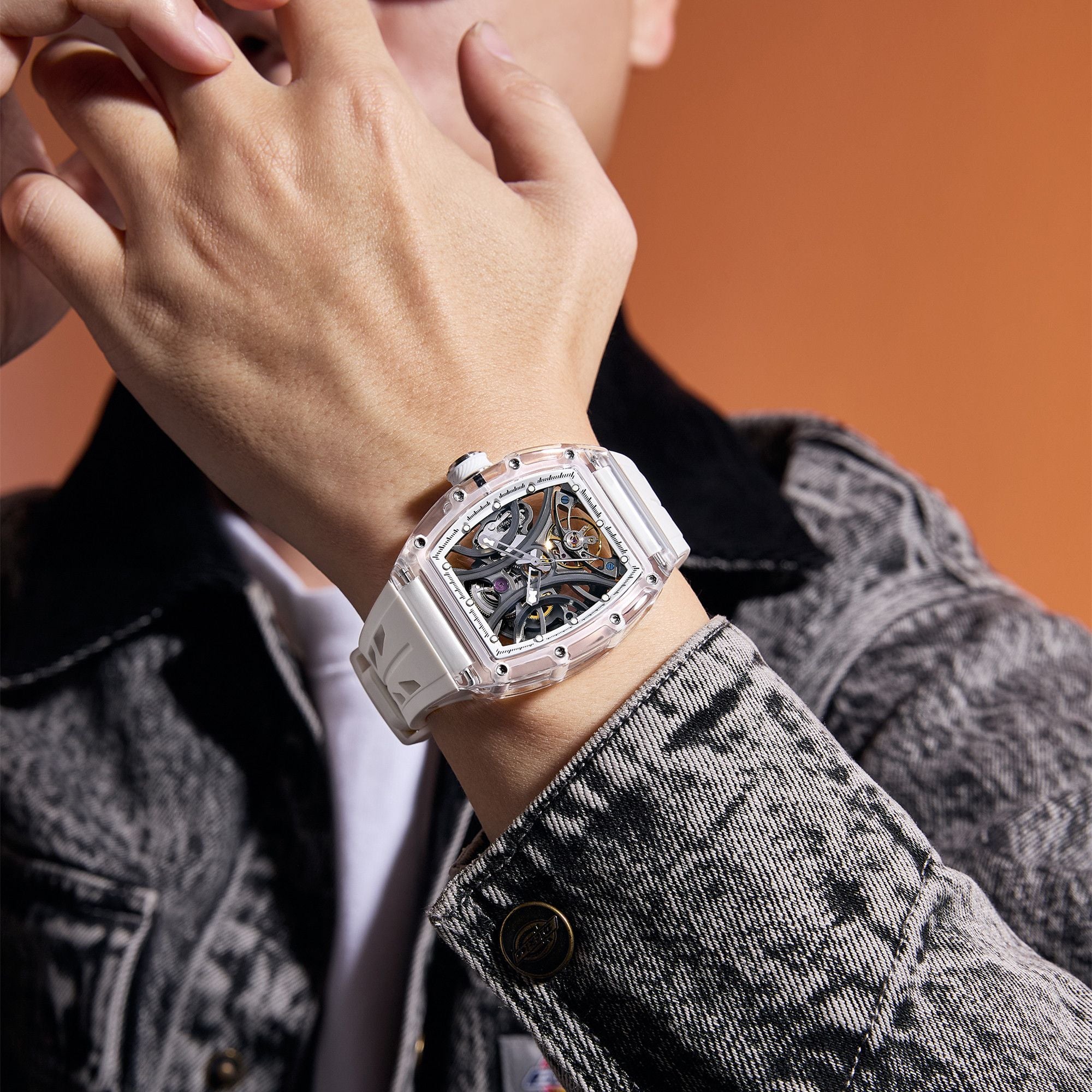 MEGIR Automatic Sport Watch for Men Transparent 43MM Hollow Dial Mechanical Movment Wristwatch Waterproof Luminous Clock 9195-11-2