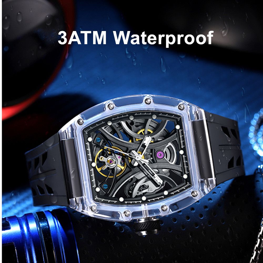 MEGIR Automatic Sport Watch for Men Transparent 43MM Hollow Dial Mechanical Movment Wristwatch Waterproof Luminous Clock 9195-11-8