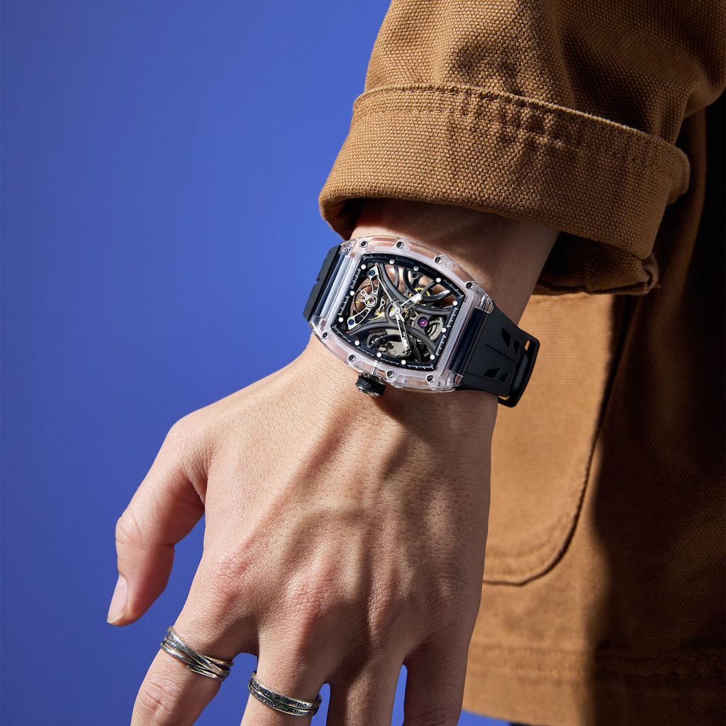 MEGIR Automatic Sport Watch for Men Transparent 43MM Hollow Dial Mechanical Movment Wristwatch Waterproof Luminous Clock 9195-11-3