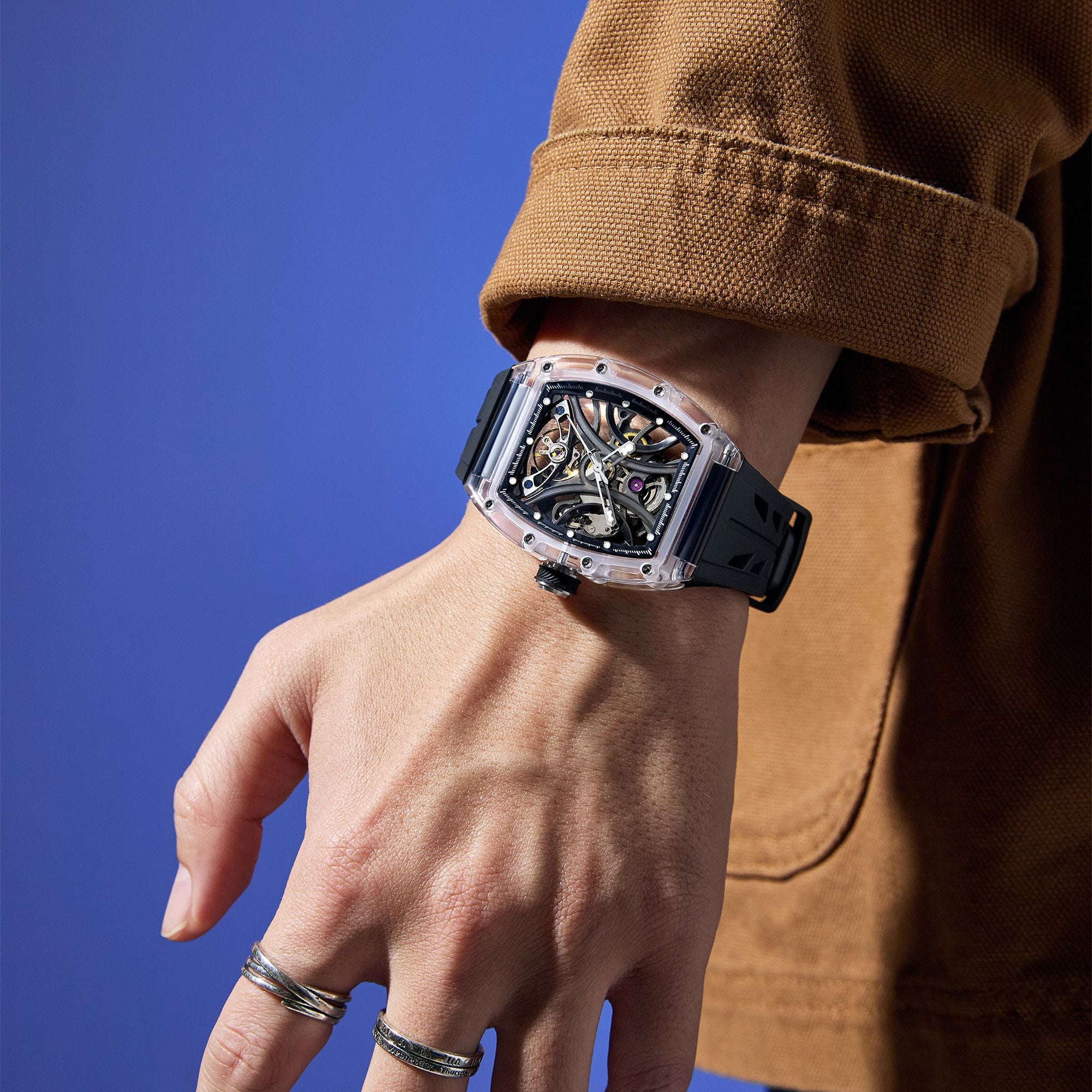 MEGIR Automatic Sport Watch for Men Transparent 43MM Hollow Dial Mechanical Movment Wristwatch Waterproof Luminous Clock 9195-11-3