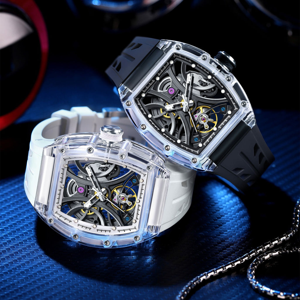 MEGIR Automatic Sport Watch for Men Transparent 43MM Hollow Dial Mechanical Movment Wristwatch Waterproof Luminous Clock 9195-11-10