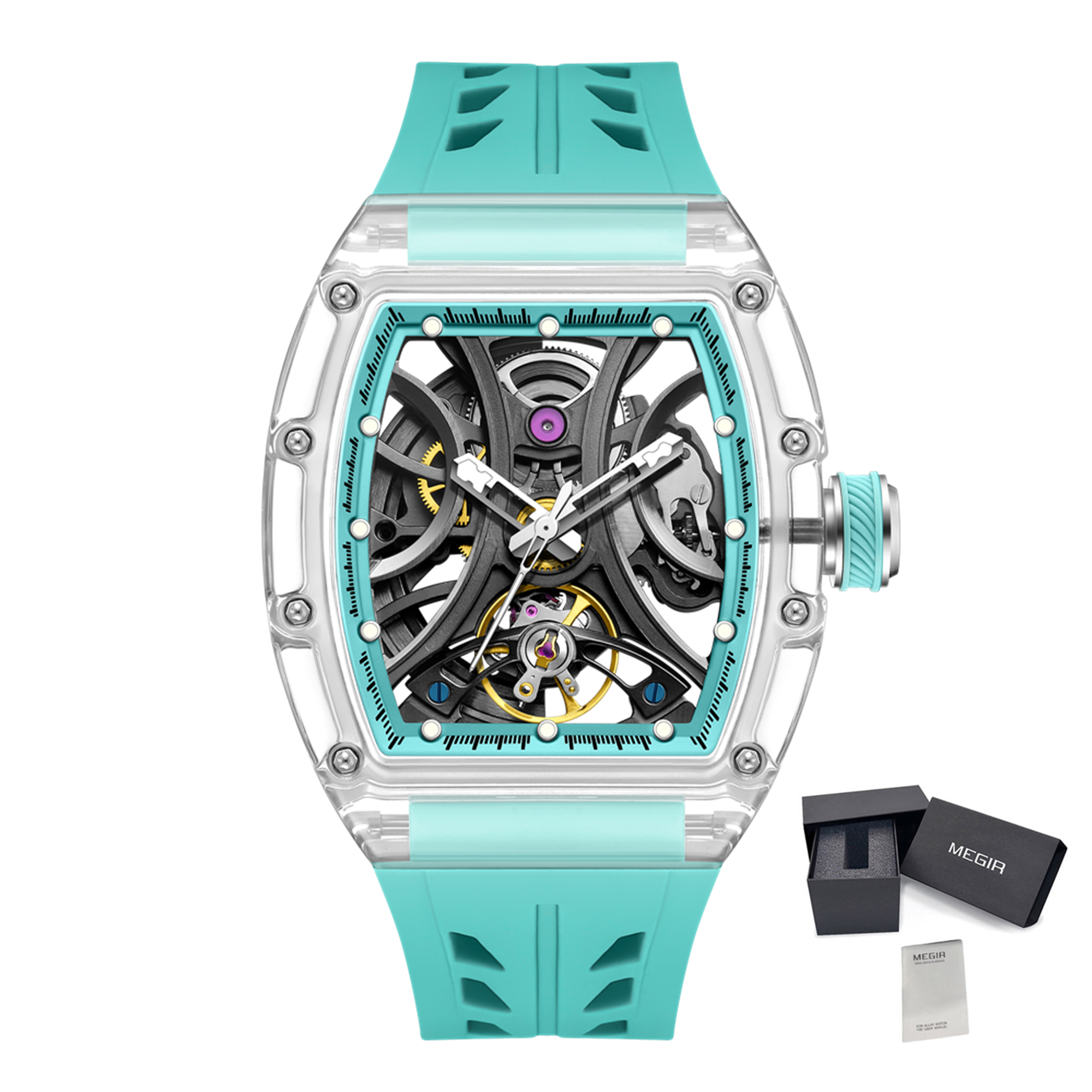 MEGIR Automatic Sport Watch for Men Transparent 43MM Hollow Dial Mechanical Movment Wristwatch Waterproof Luminous Clock 9195-11-19