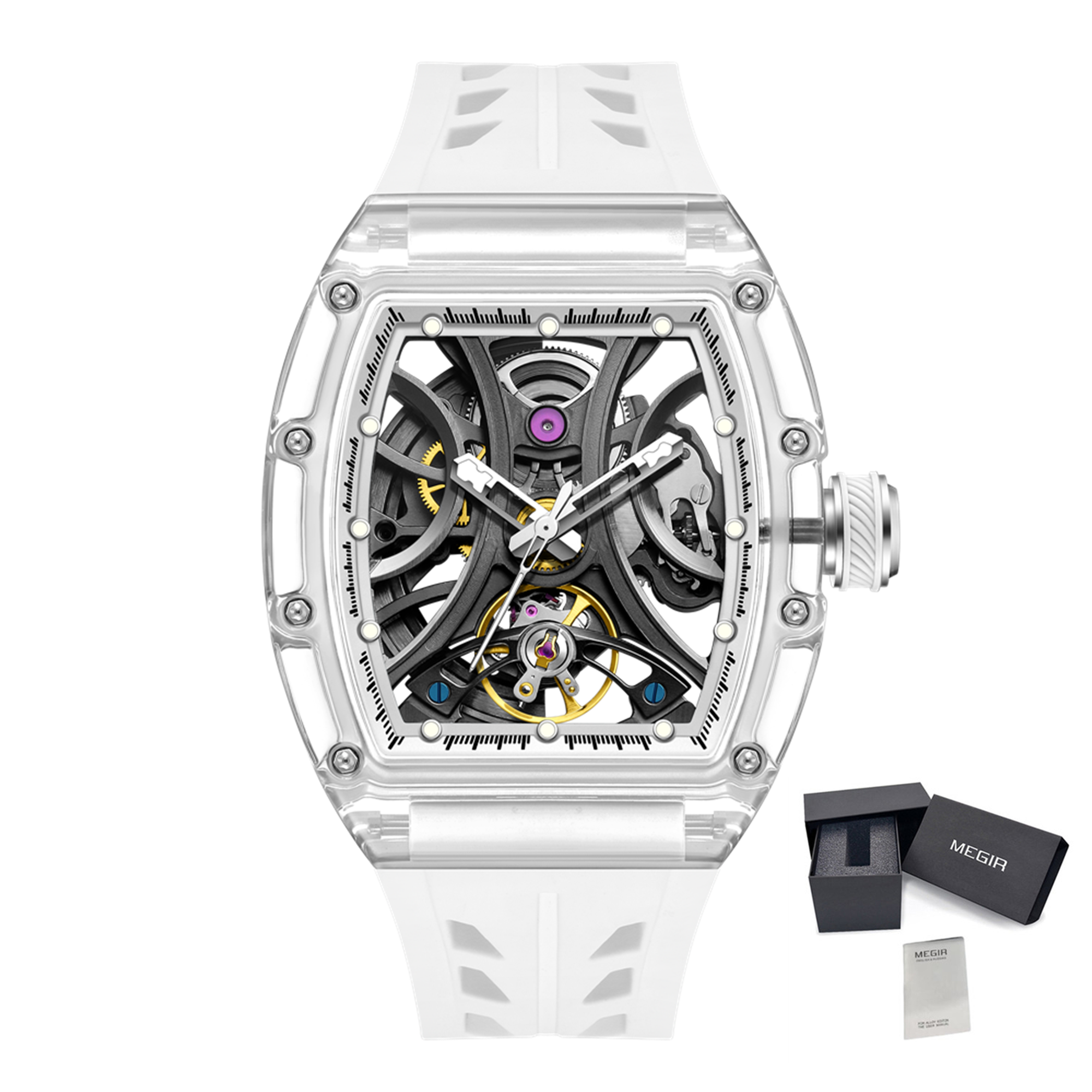 MEGIR Automatic Sport Watch for Men Transparent 43MM Hollow Dial Mechanical Movment Wristwatch Waterproof Luminous Clock 9195-11-17