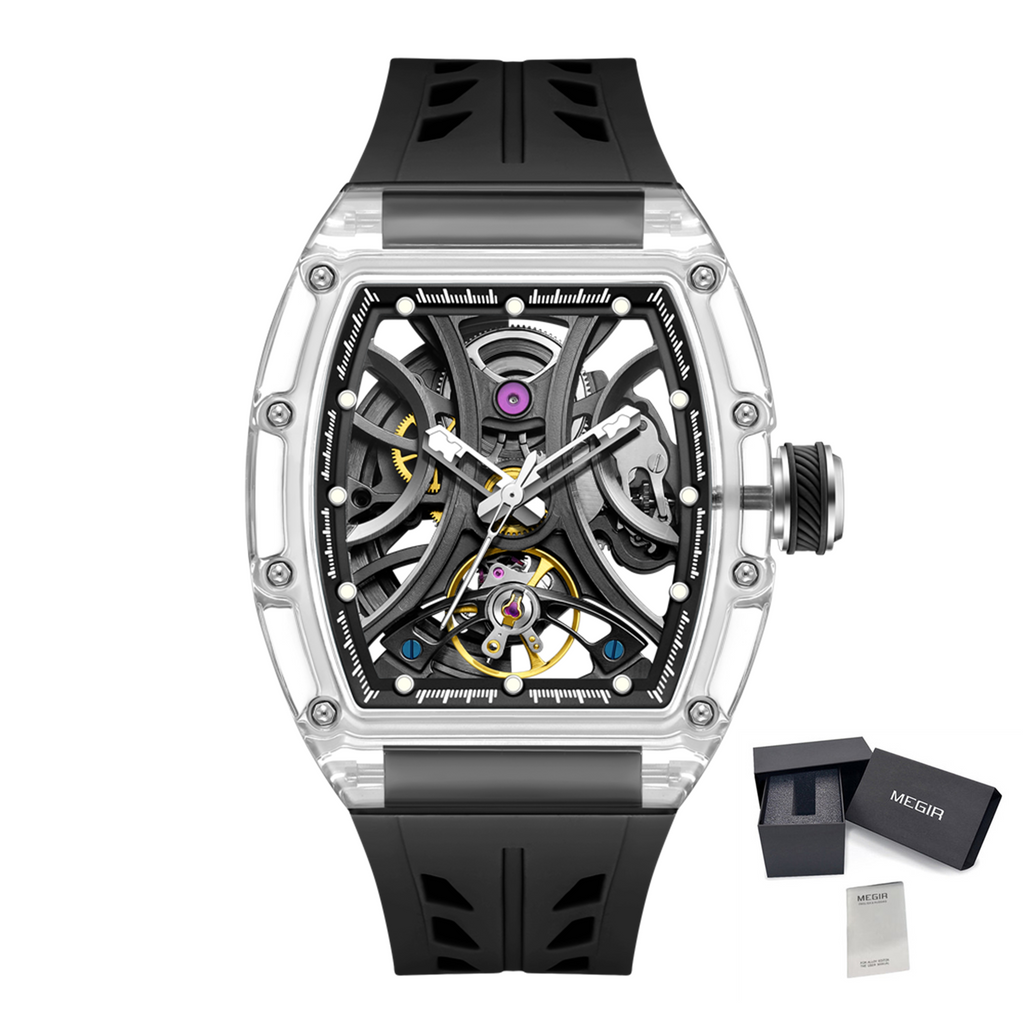 MEGIR Automatic Sport Watch for Men Transparent 43MM Hollow Dial Mechanical Movment Wristwatch Waterproof Luminous Clock 9195-11-16