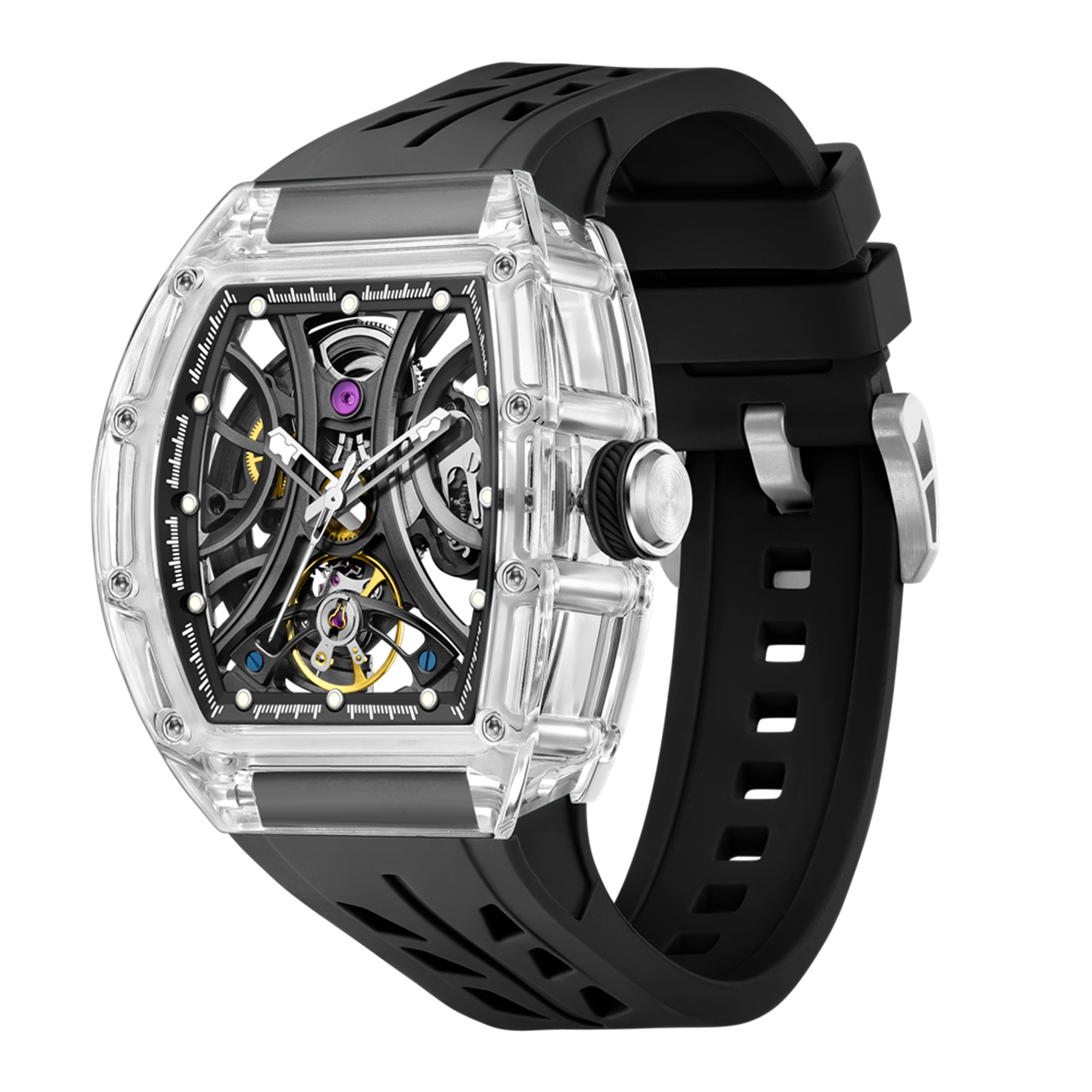 MEGIR Automatic Sport Watch for Men Transparent 43MM Hollow Dial Mechanical Movment Wristwatch Waterproof Luminous Clock 9195-11-13