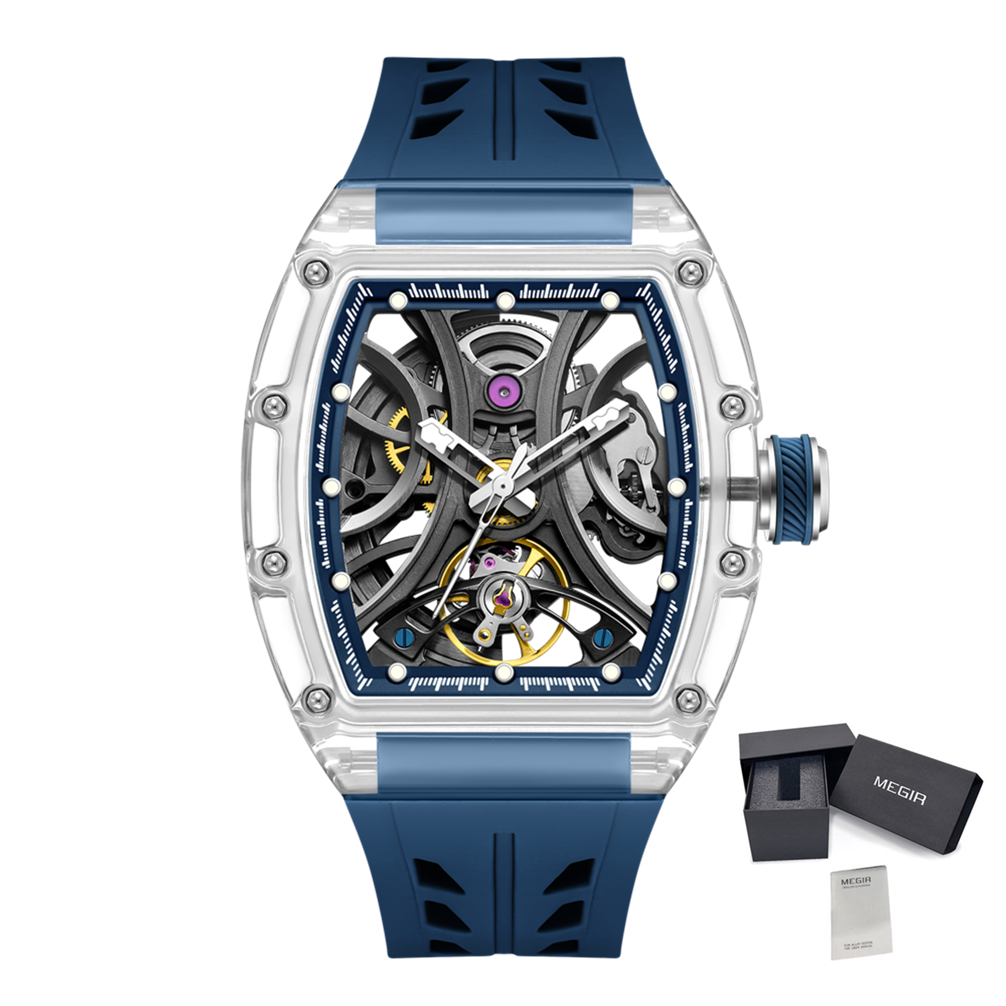 MEGIR Automatic Sport Watch for Men Transparent 43MM Hollow Dial Mechanical Movment Wristwatch Waterproof Luminous Clock 9195-11-18