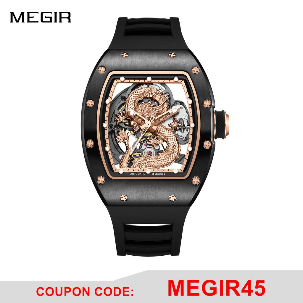 MEGIR Automatic Mechanical Skeleton Men Watch Luxury Stainless Steel Case Tonneau Dial Wristwatch Waterproof Sport Watches 9190-15-0