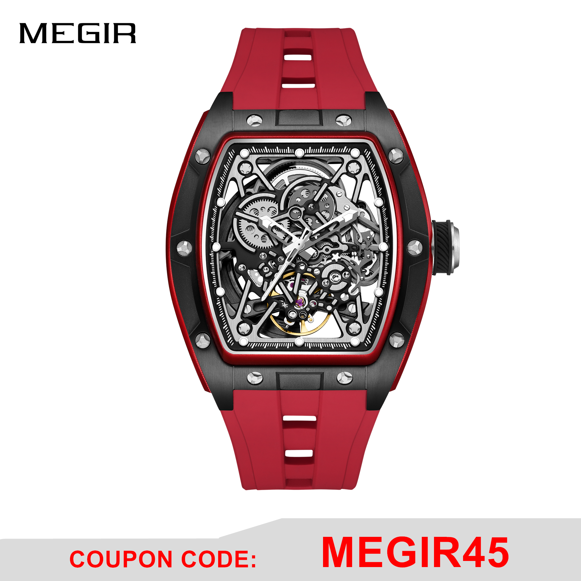 MEGIR Men's Mechanical Watch Fashion Hollow Out Automatic Movement Sport Wristwatches Waterproof Silicone Strap Watches 9198-3-0