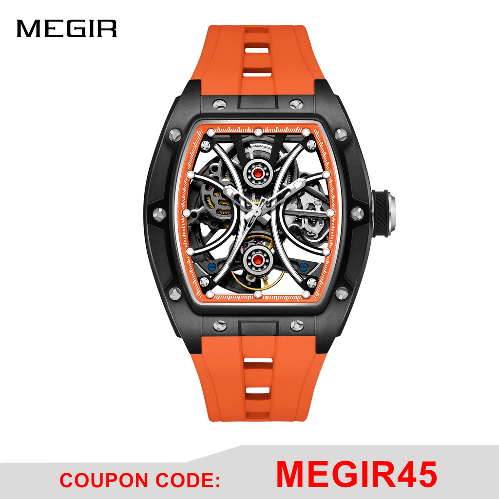 MEGIR Men's Sports Watch Fashion Automatic Mechanical Movement Watches Skeleton Luminous Waterproof Business Wristwatches 9198-4-0