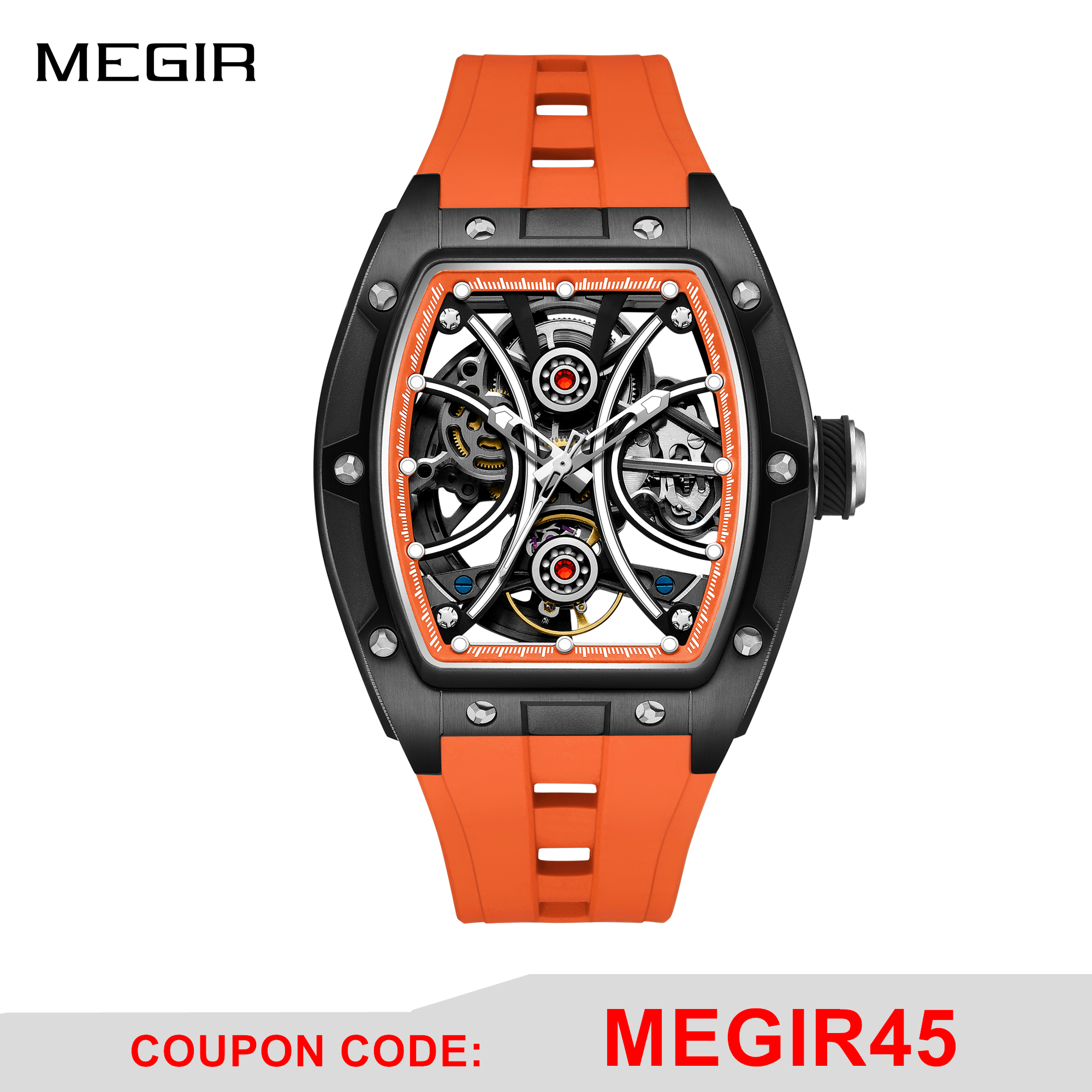 MEGIR Men's Sports Watch Fashion Automatic Mechanical Movement Watches Skeleton Luminous Waterproof Business Wristwatches 9198-4-0