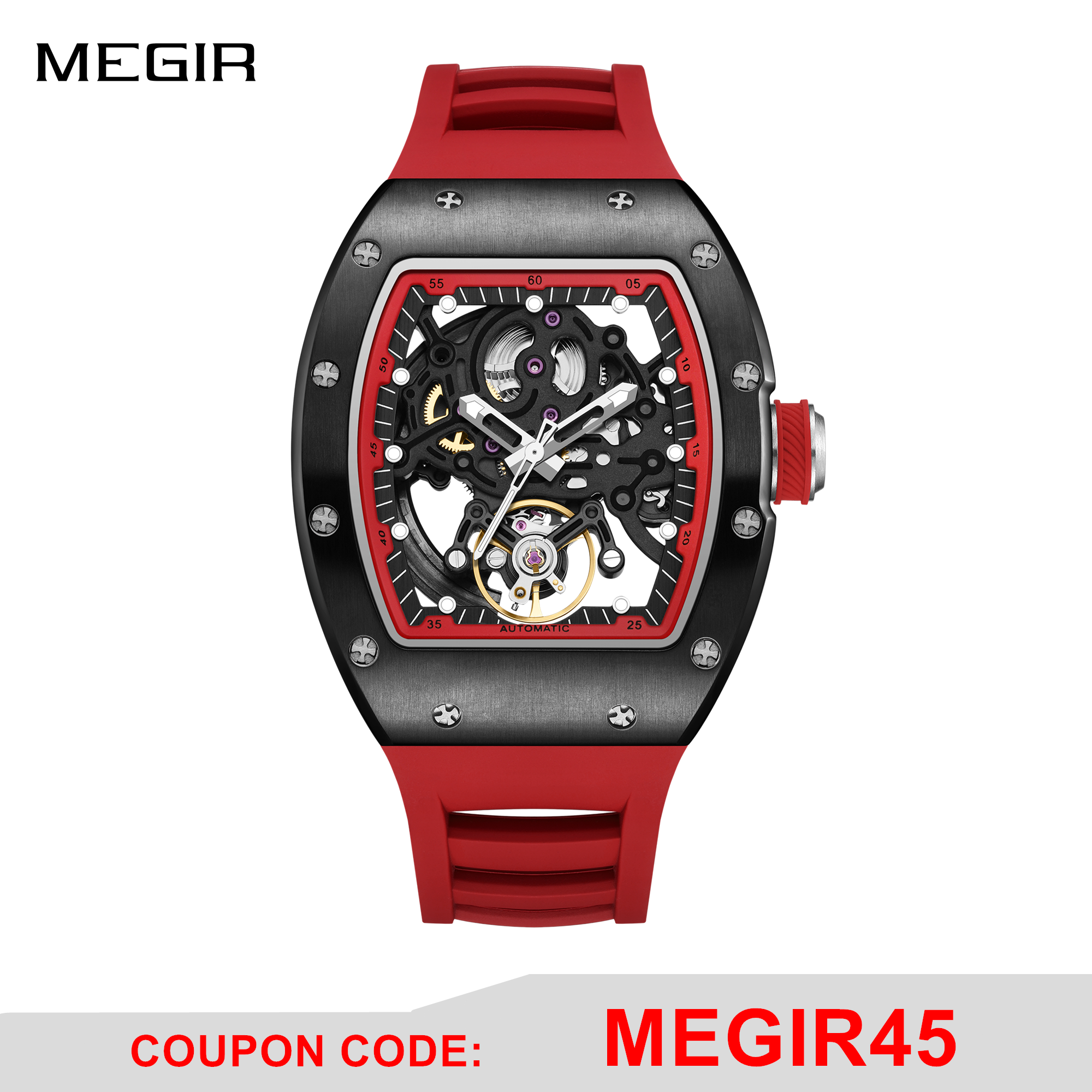 MEGIR Automatic Mechanical Men's Watch Luxury Skeleton Dial Luminous Waterproof Sports Military Wristwatch Gift for Man 9190-12-0