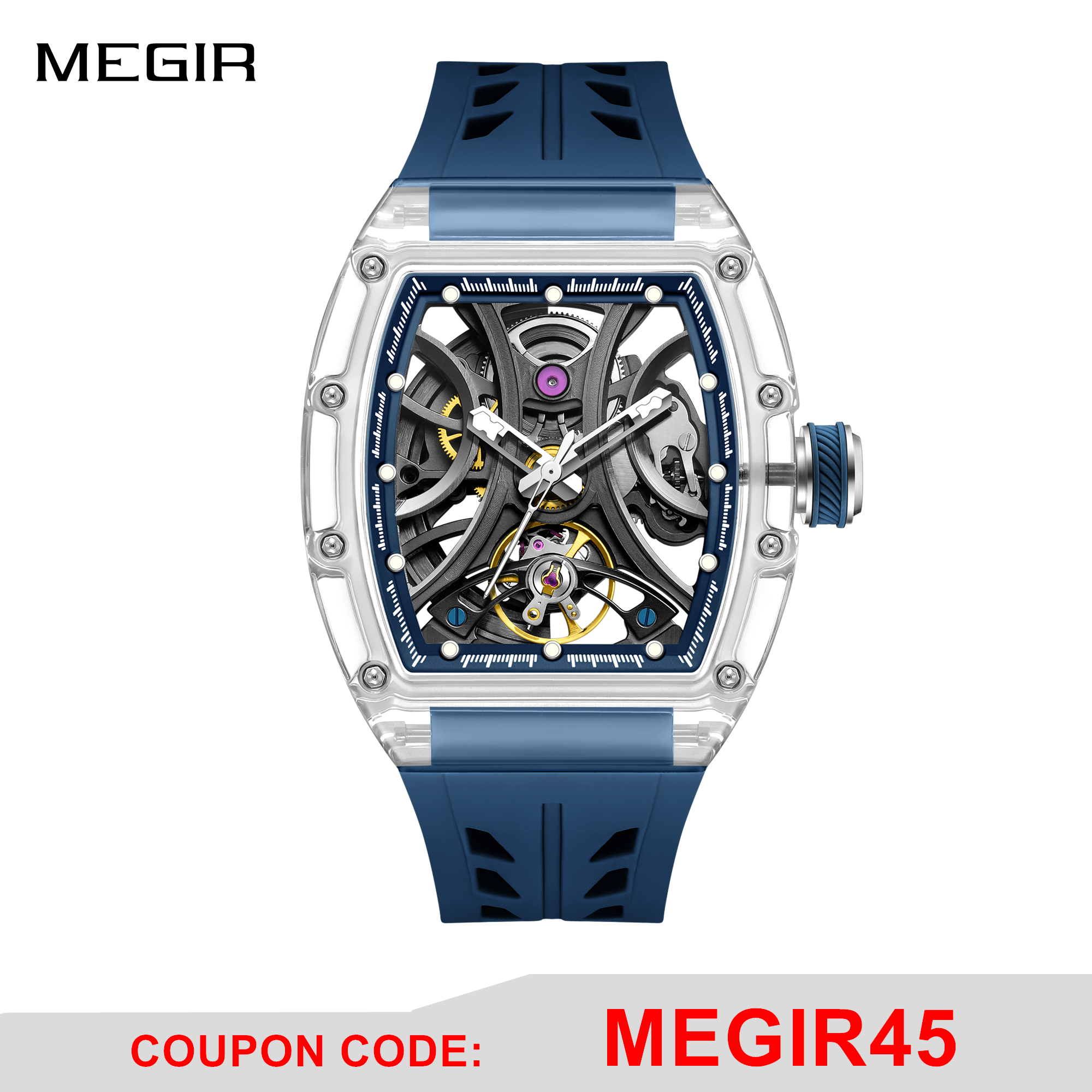 MEGIR Automatic Sport Watch for Men Transparent 43MM Hollow Dial Mechanical Movment Wristwatch Waterproof Luminous Clock 9195-11-0