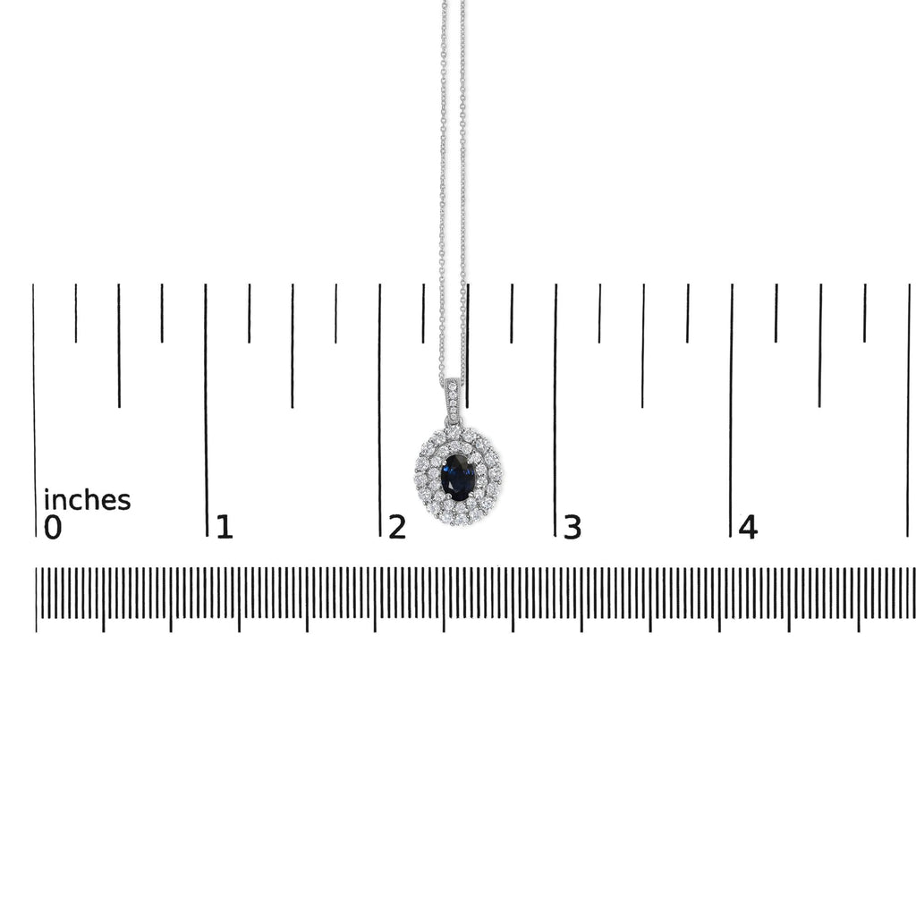 14K White Gold Oval Blue Sapphire and 3/4 Cttw Diamond Halo Pendant Necklace