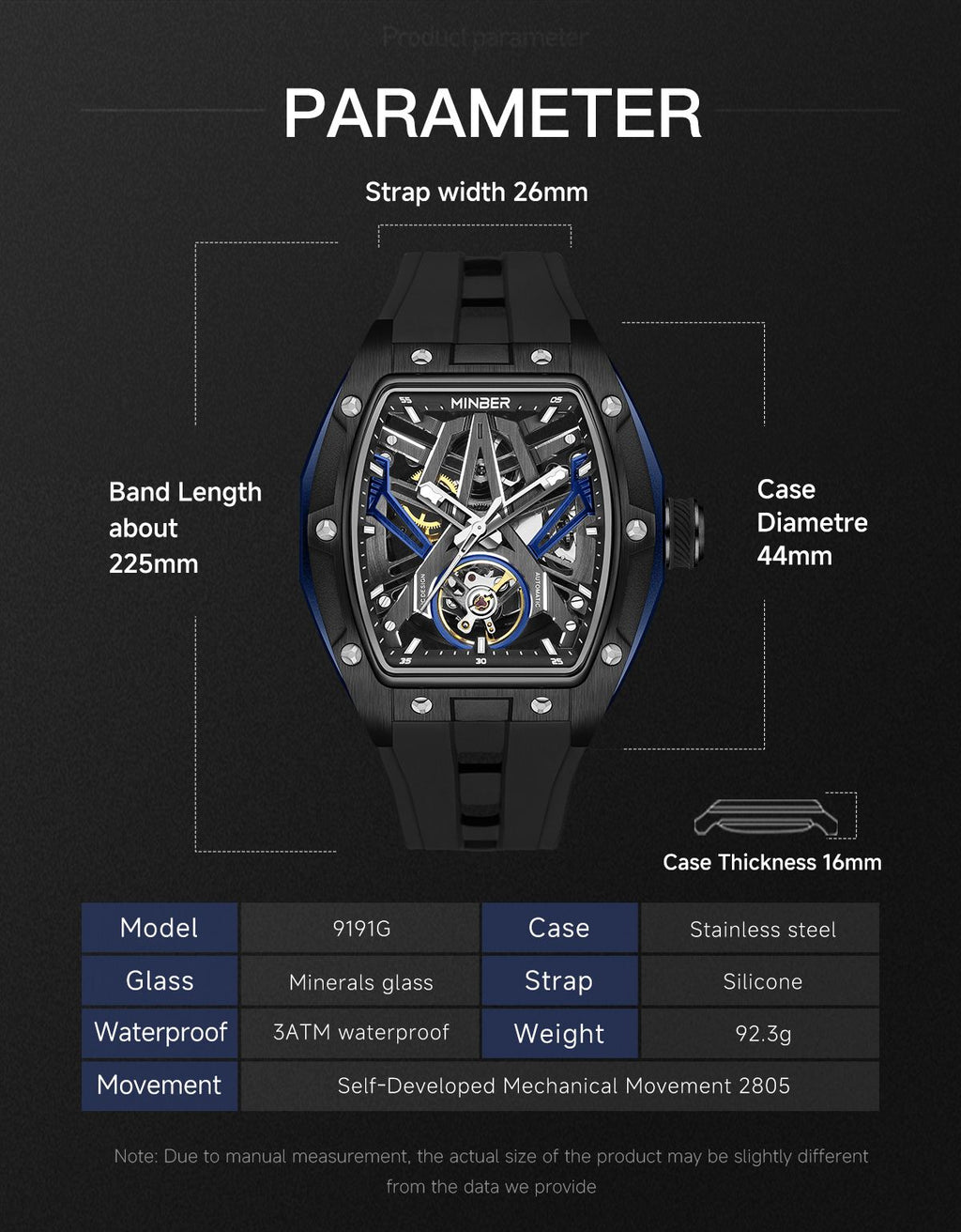 MINBER Fashion Mechanical Watch for Men Stainless Steel Hollow Out Automatic Watches Clock Waterproof Wristwatch Gifts 9191G-1-6