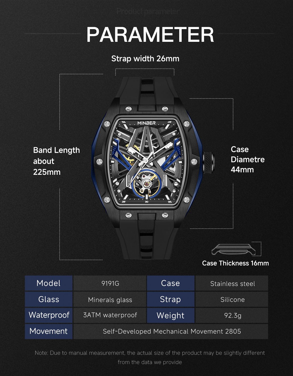 MINBER Fashion Mechanical Watch for Men Stainless Steel Hollow Out Automatic Watches Clock Waterproof Wristwatch Gifts 9191G-1-6