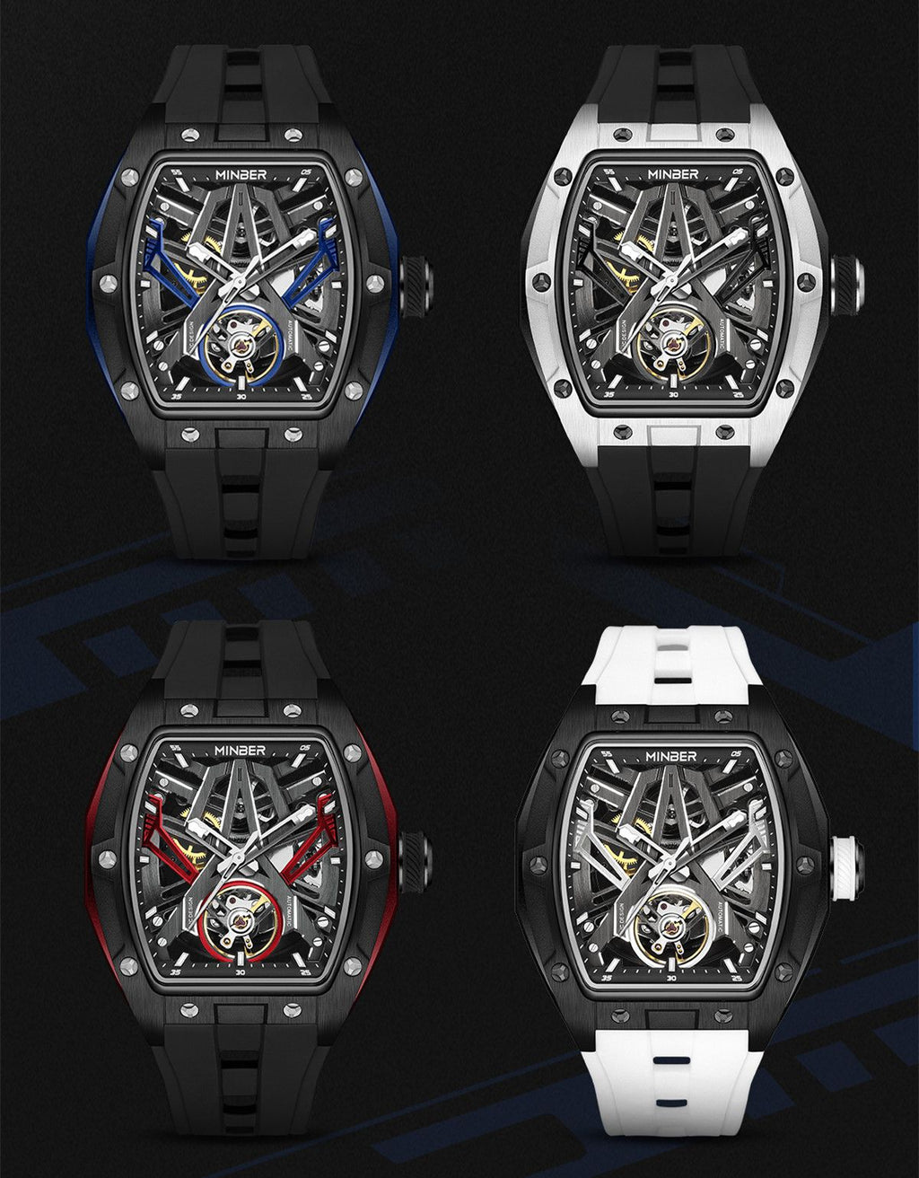 MINBER Fashion Mechanical Watch for Men Stainless Steel Hollow Out Automatic Watches Clock Waterproof Wristwatch Gifts 9191G-1-7