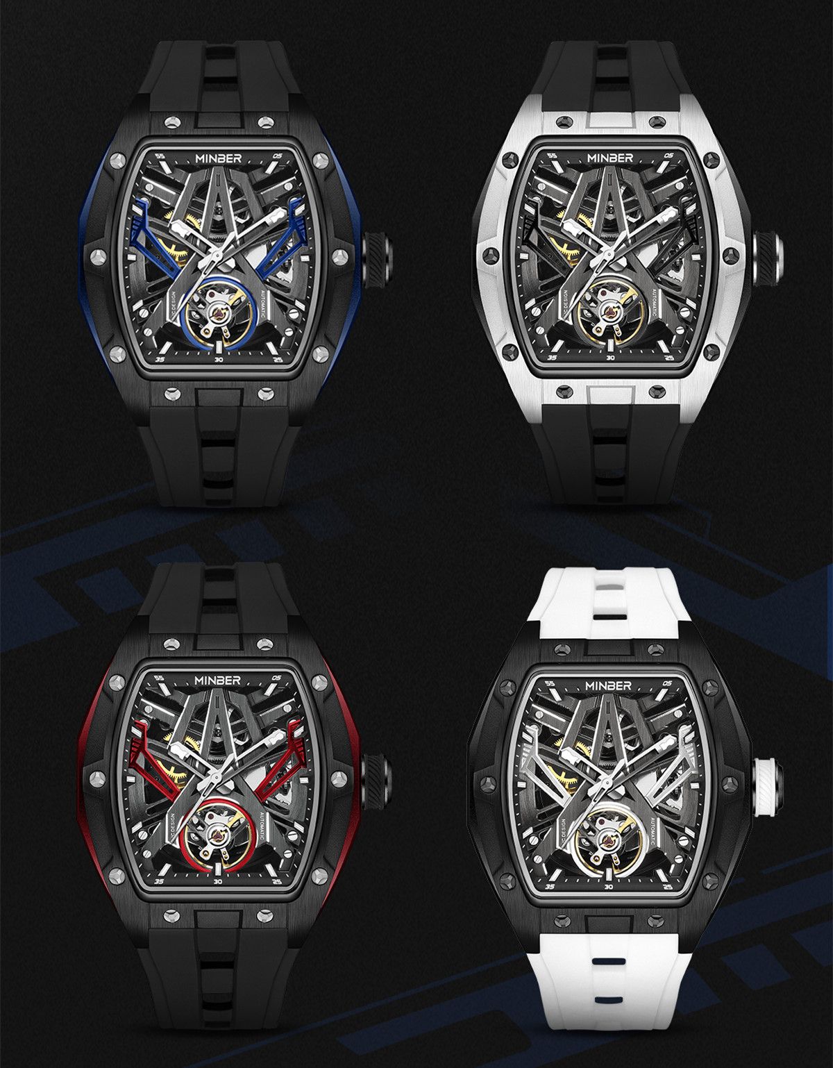 MINBER Fashion Mechanical Watch for Men Stainless Steel Hollow Out Automatic Watches Clock Waterproof Wristwatch Gifts 9191G-1-7