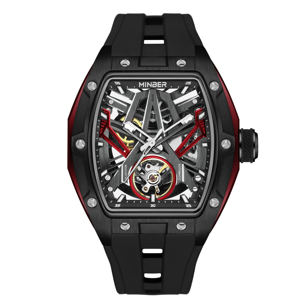 MINBER Fashion Mechanical Watch for Men Stainless Steel Hollow Out Automatic Watches Clock Waterproof Wristwatch Gifts 9191G-1-12
