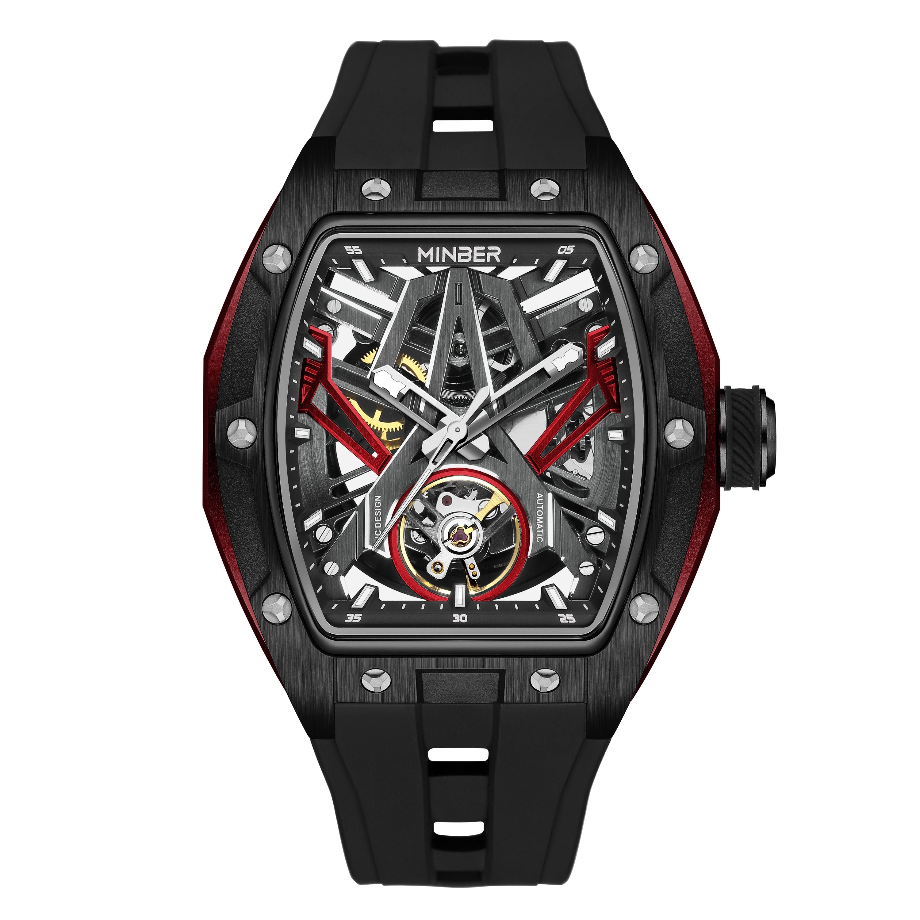 MINBER Fashion Mechanical Watch for Men Stainless Steel Hollow Out Automatic Watches Clock Waterproof Wristwatch Gifts 9191G-1-12