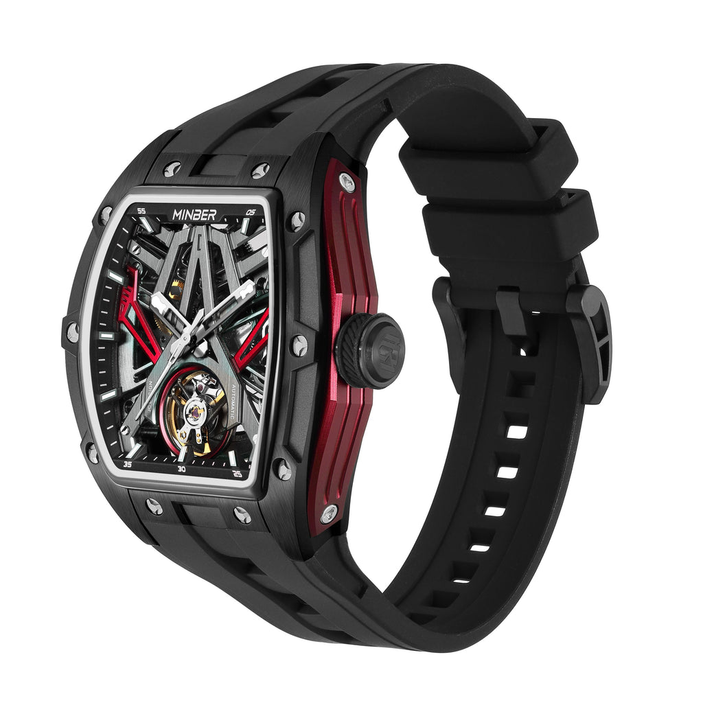 MINBER Fashion Mechanical Watch for Men Stainless Steel Hollow Out Automatic Watches Clock Waterproof Wristwatch Gifts 9191G-1-13