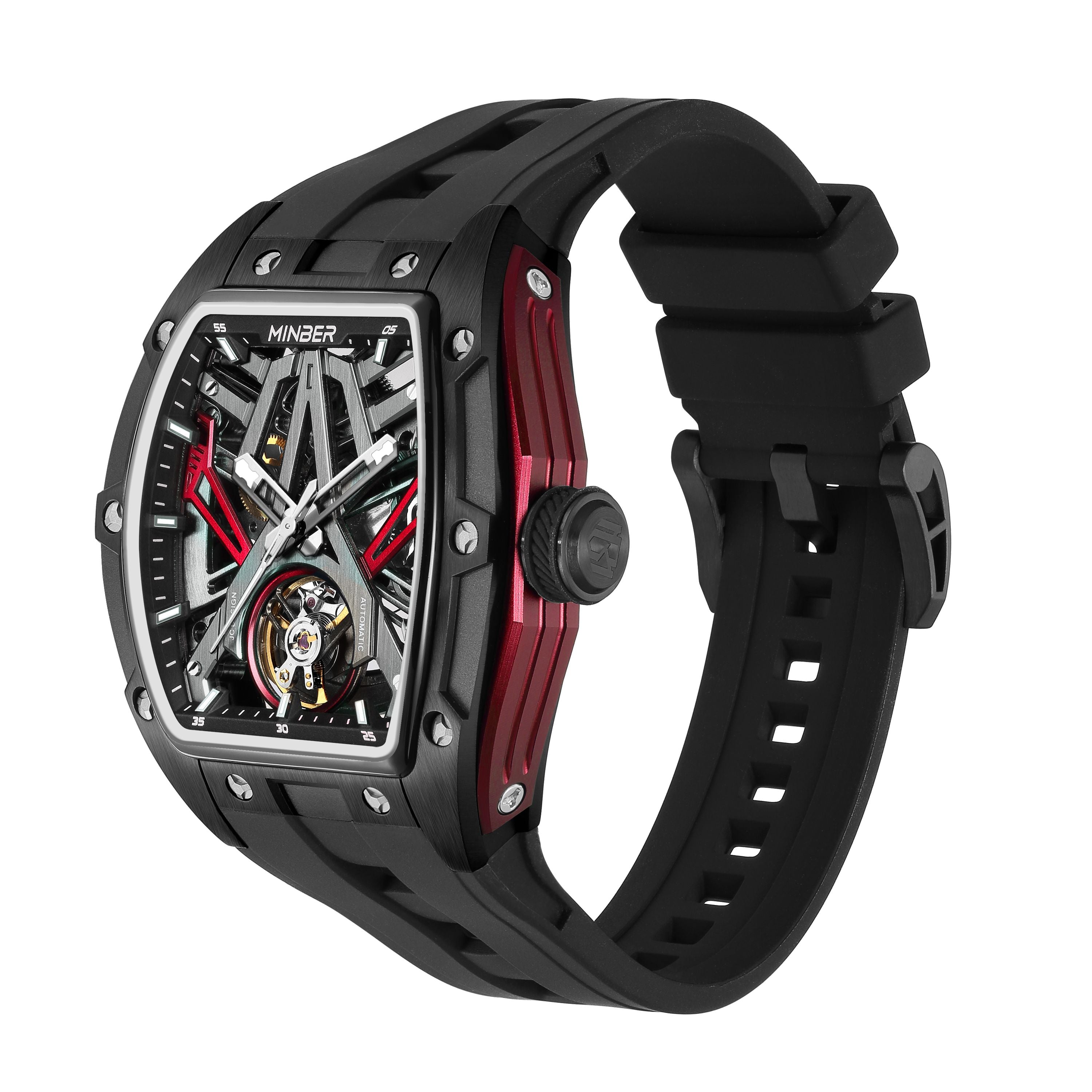 MINBER Fashion Mechanical Watch for Men Stainless Steel Hollow Out Automatic Watches Clock Waterproof Wristwatch Gifts 9191G-1-13