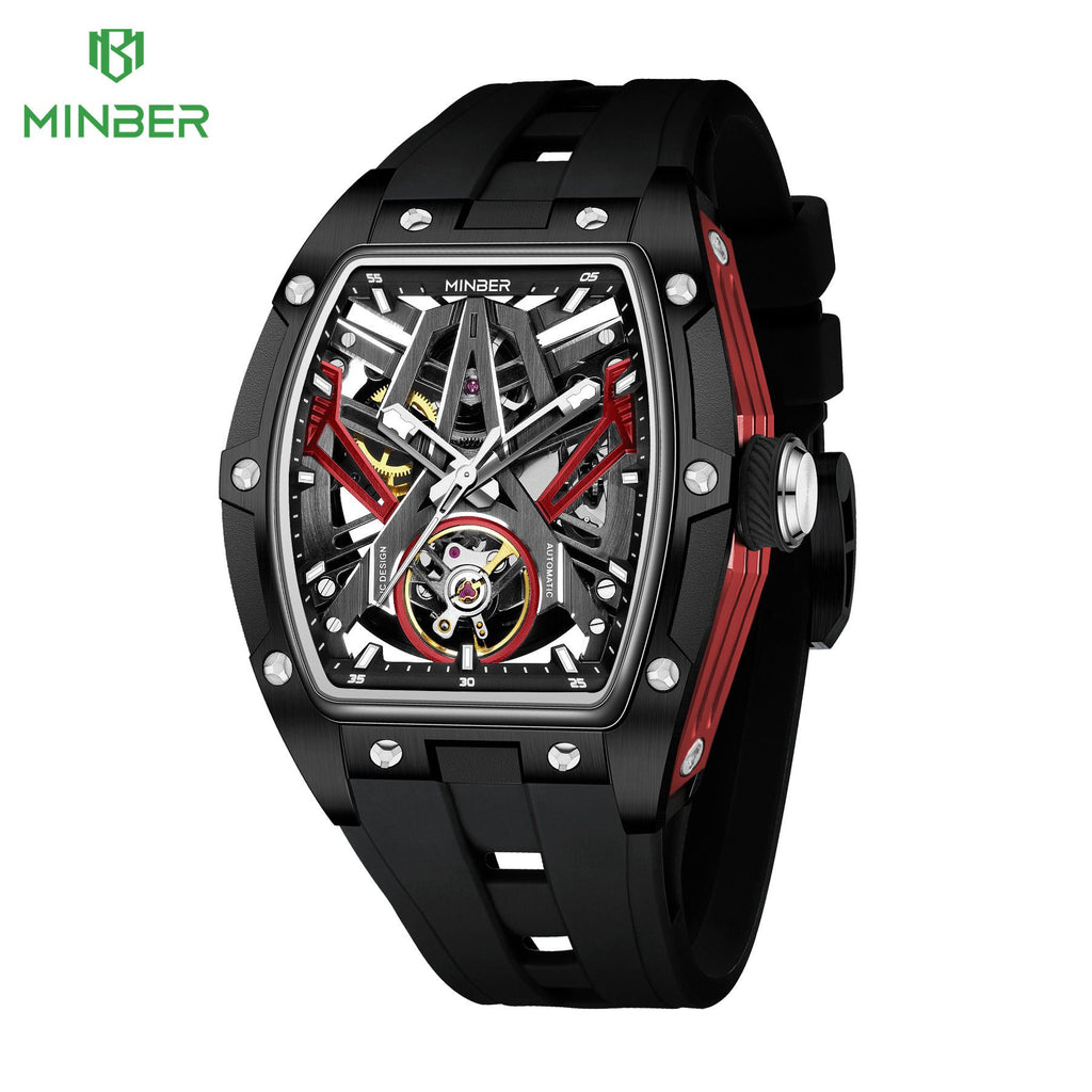 MINBER Fashion Mechanical Watch for Men Stainless Steel Hollow Out Automatic Watches Clock Waterproof Wristwatch Gifts 9191G-1-0