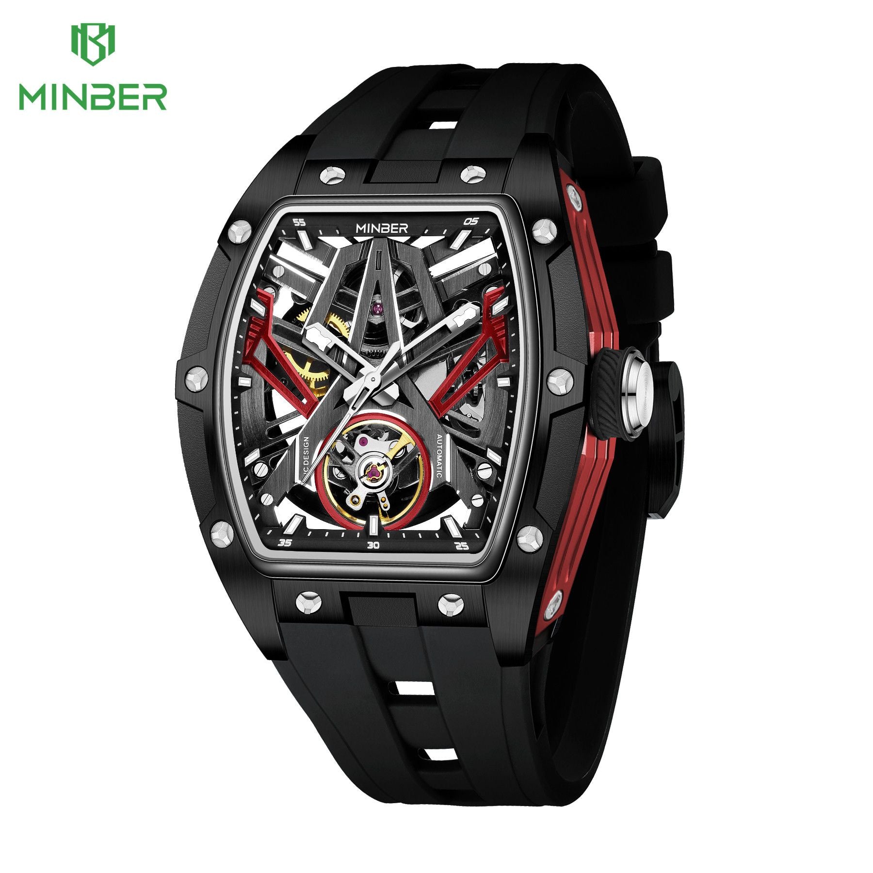 MINBER Fashion Mechanical Watch for Men Stainless Steel Hollow Out Automatic Watches Clock Waterproof Wristwatch Gifts 9191G-1-0