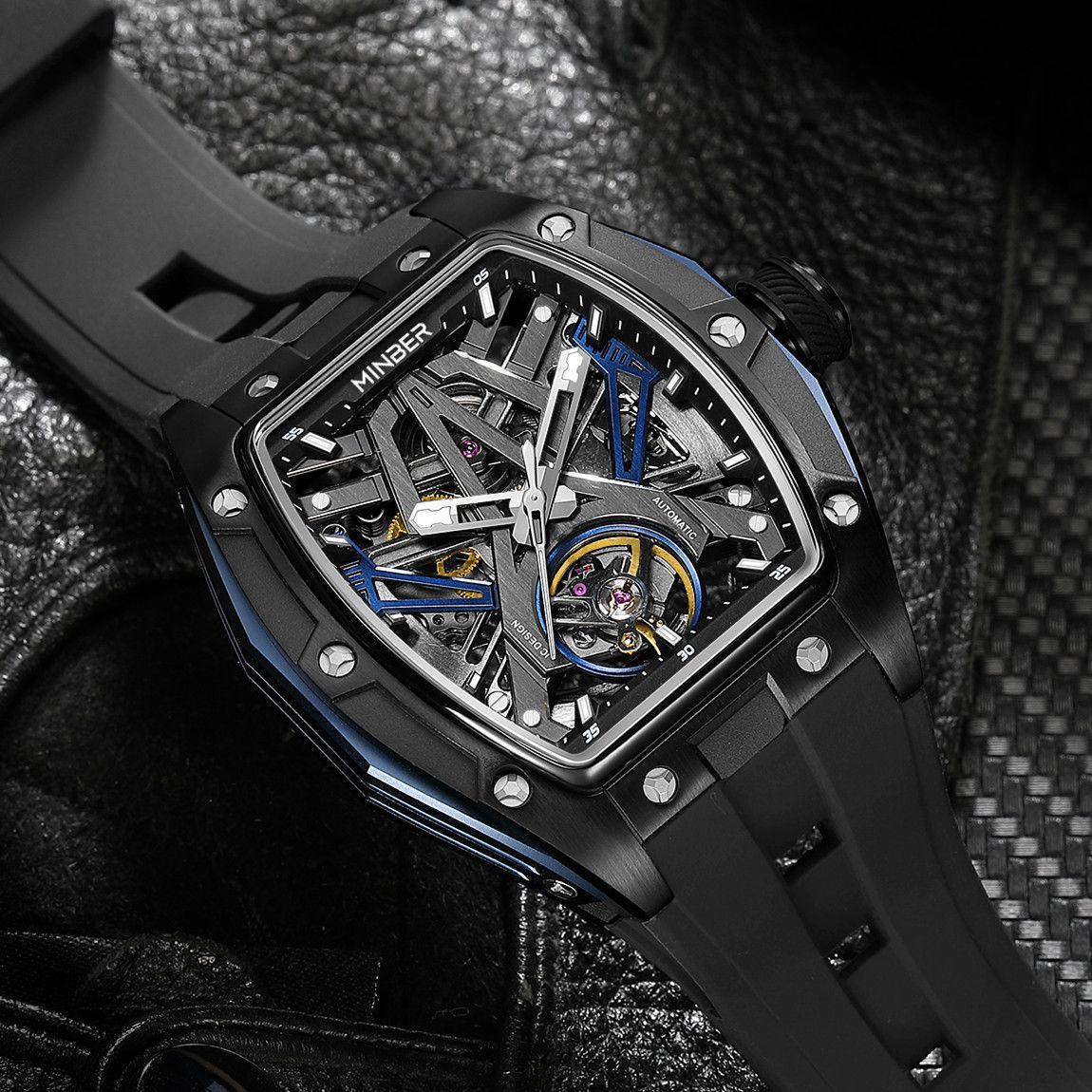 MINBER Fashion Mechanical Watch for Men Stainless Steel Hollow Out Automatic Watches Clock Waterproof Wristwatch Gifts 9191G-1-8