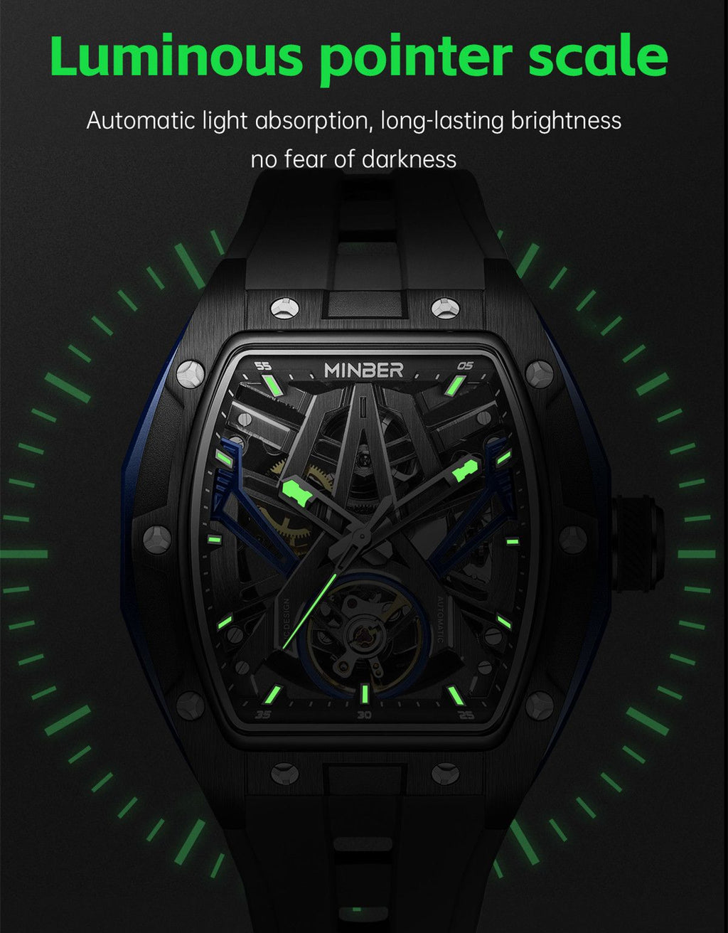 MINBER Fashion Mechanical Watch for Men Stainless Steel Hollow Out Automatic Watches Clock Waterproof Wristwatch Gifts 9191G-1-5