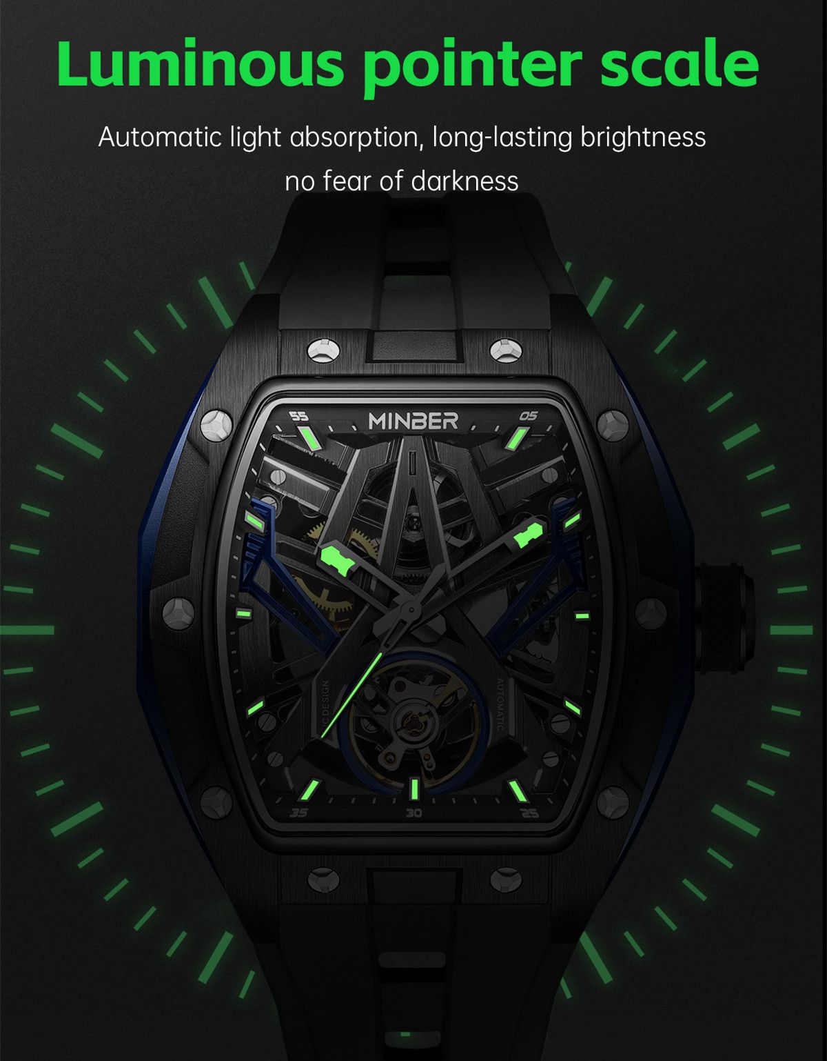 MINBER Fashion Mechanical Watch for Men Stainless Steel Hollow Out Automatic Watches Clock Waterproof Wristwatch Gifts 9191G-1-5