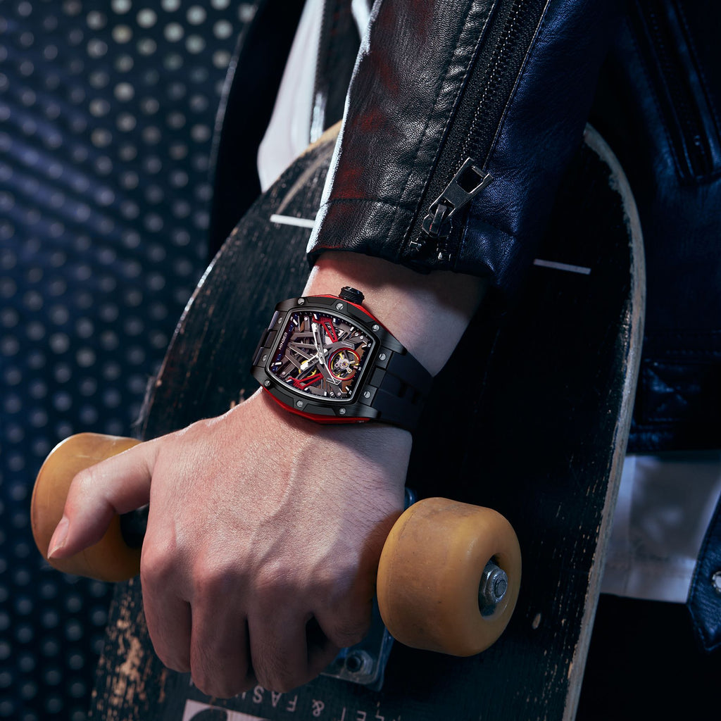 MINBER Fashion Mechanical Watch for Men Stainless Steel Hollow Out Automatic Watches Clock Waterproof Wristwatch Gifts 9191G-1-1