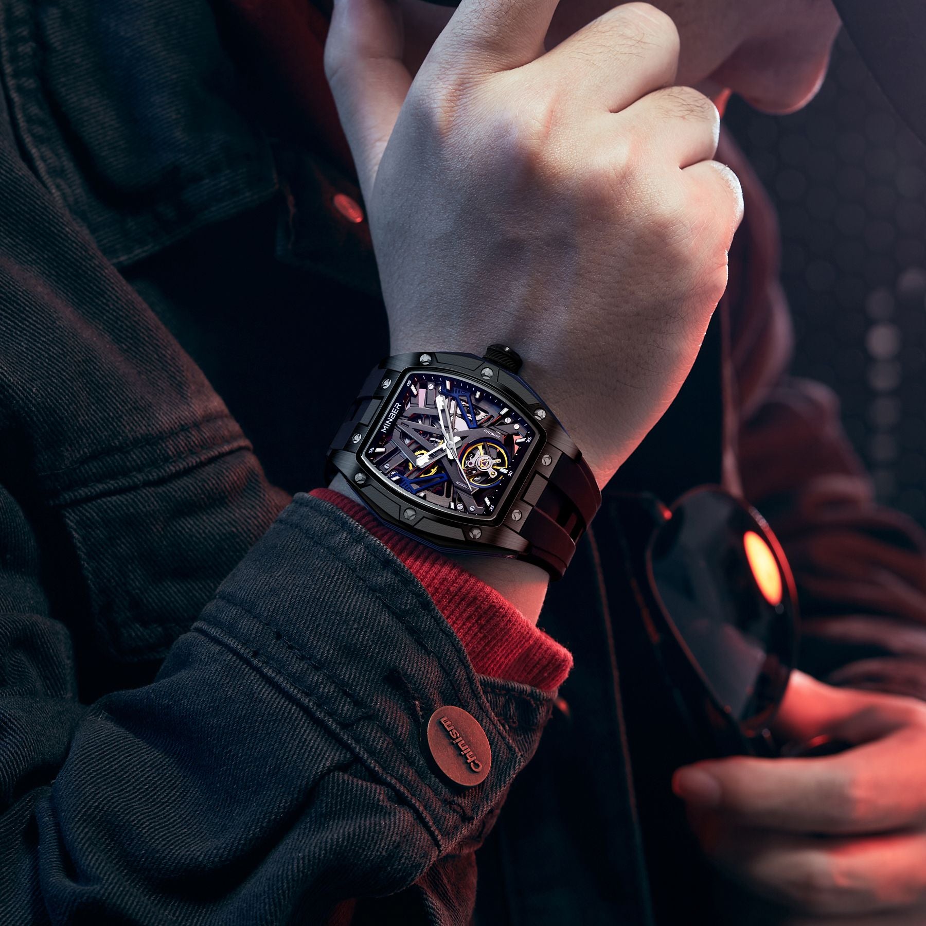 MINBER Fashion Mechanical Watch for Men Stainless Steel Hollow Out Automatic Watches Clock Waterproof Wristwatch Gifts 9191G-1-3
