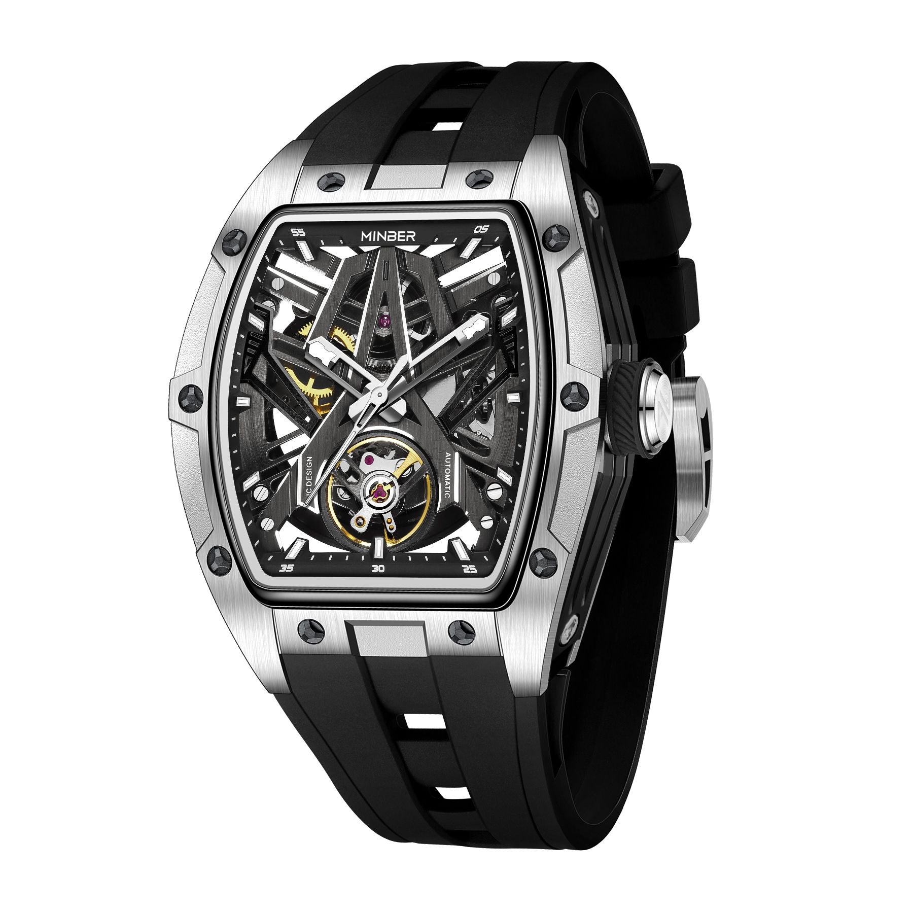 MINBER Fashion Mechanical Watch for Men Stainless Steel Hollow Out Automatic Watches Clock Waterproof Wristwatch Gifts 9191G-1-10