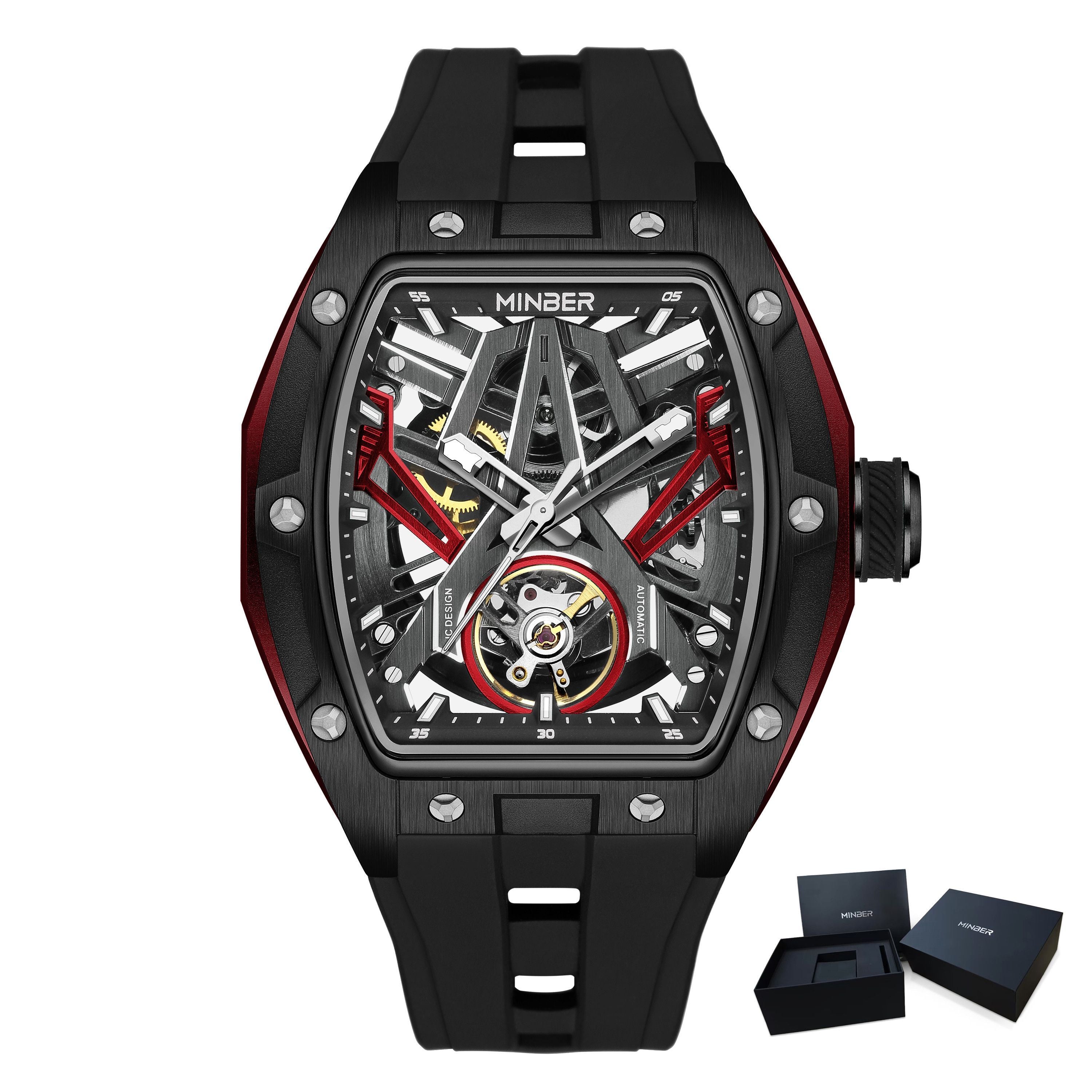 MINBER Fashion Mechanical Watch for Men Stainless Steel Hollow Out Automatic Watches Clock Waterproof Wristwatch Gifts 9191G-1-18