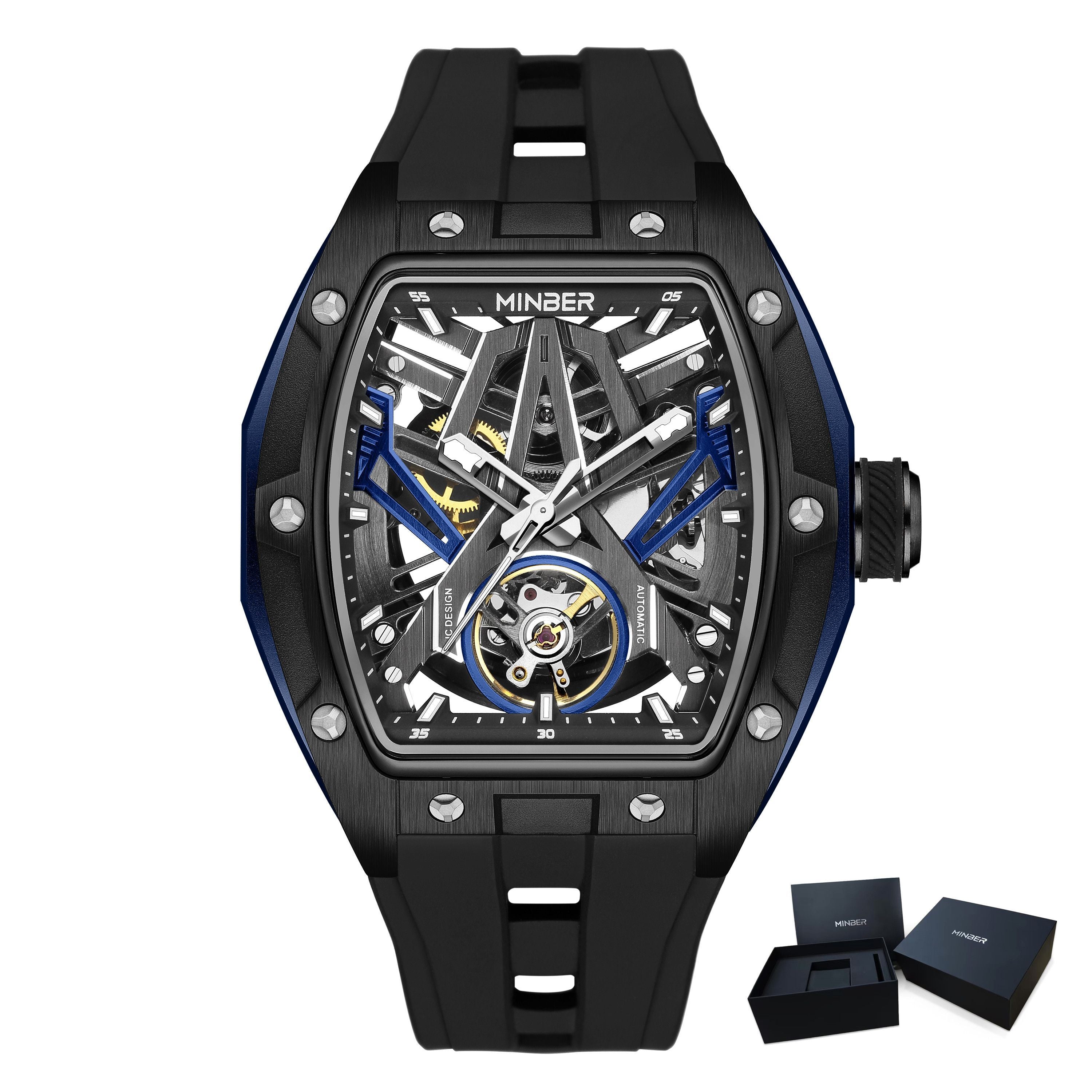 MINBER Fashion Mechanical Watch for Men Stainless Steel Hollow Out Automatic Watches Clock Waterproof Wristwatch Gifts 9191G-1-16