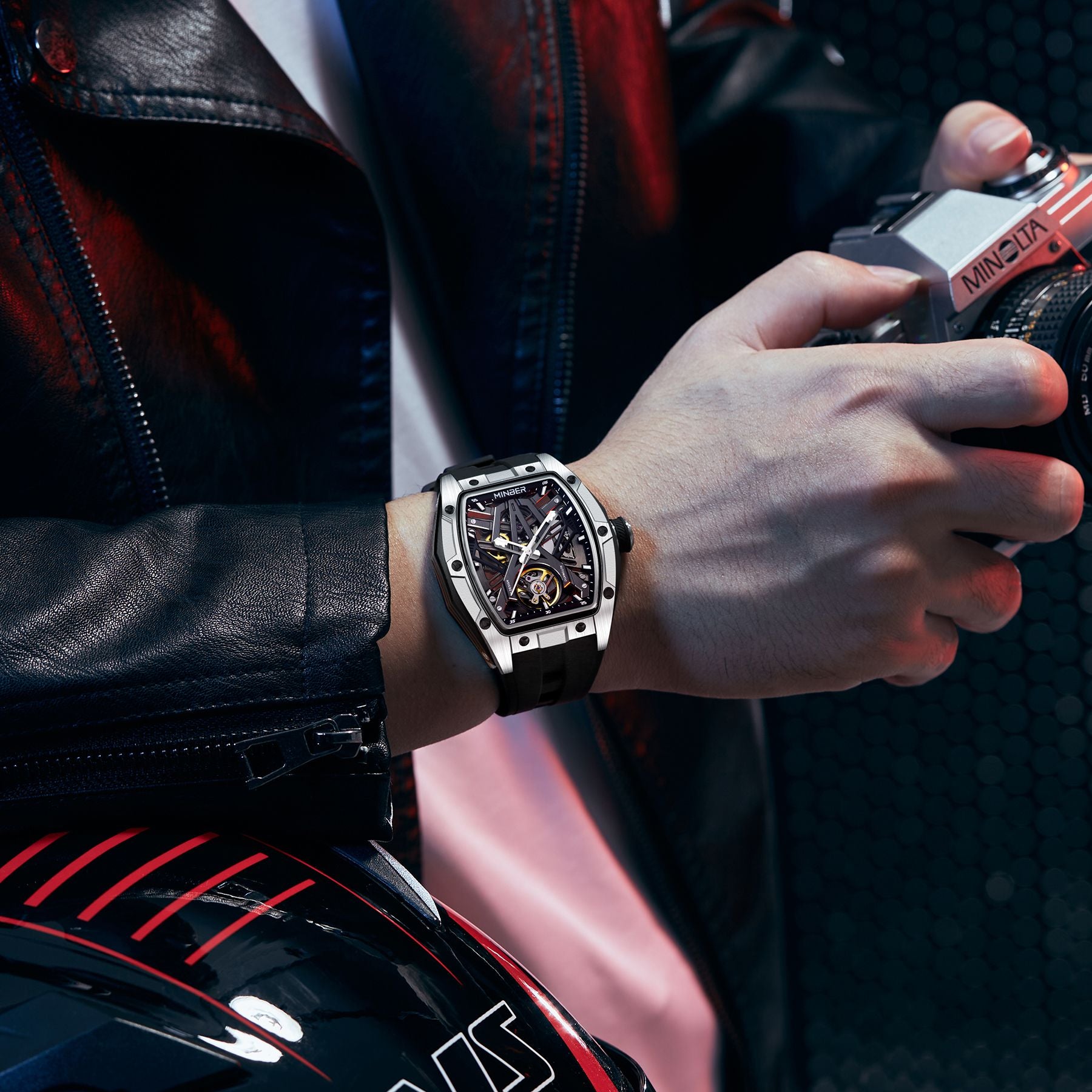 MINBER Fashion Mechanical Watch for Men Stainless Steel Hollow Out Automatic Watches Clock Waterproof Wristwatch Gifts 9191G-1-4
