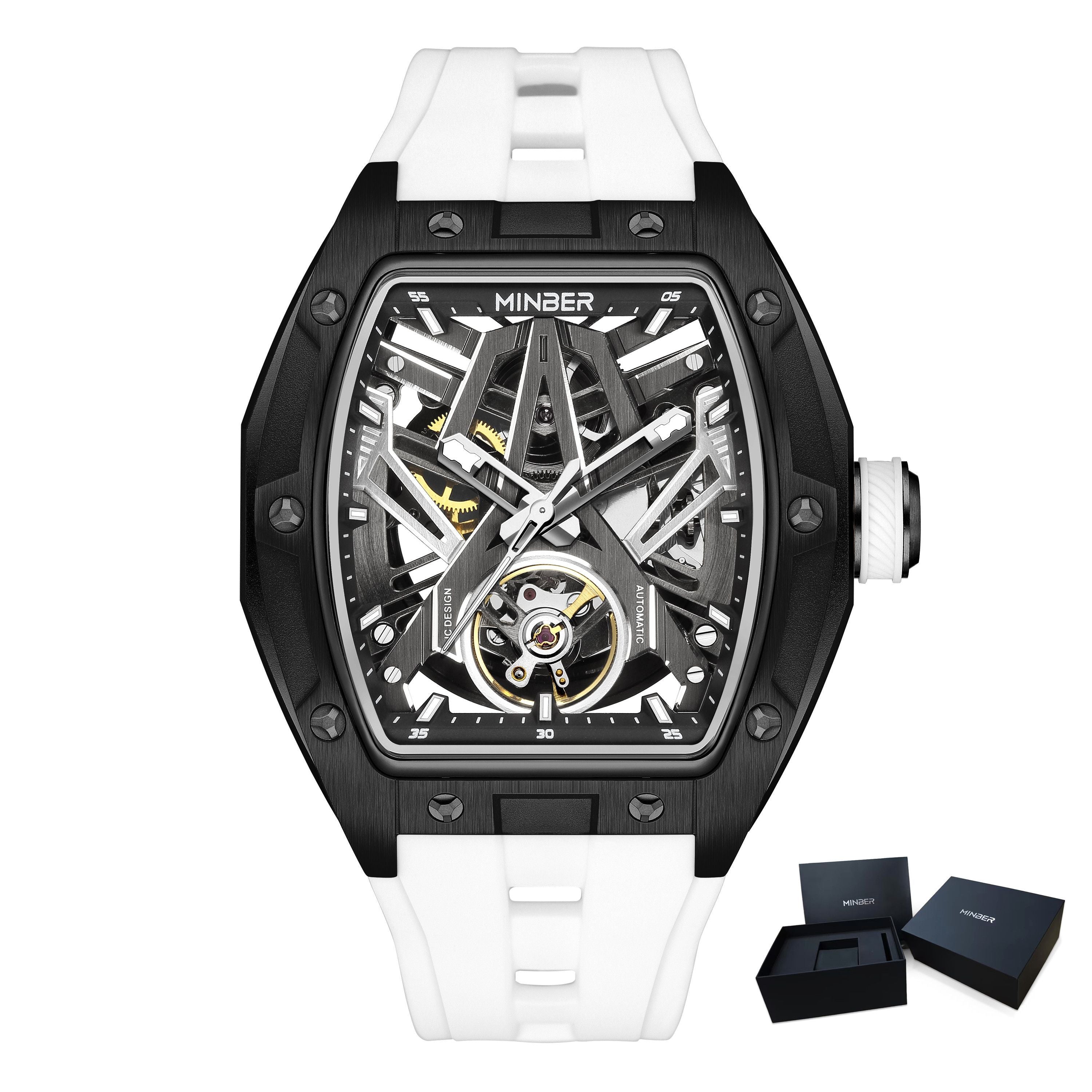 MINBER Fashion Mechanical Watch for Men Stainless Steel Hollow Out Automatic Watches Clock Waterproof Wristwatch Gifts 9191G-1-17