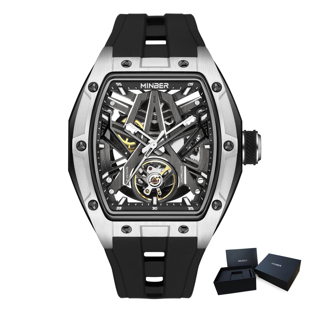MINBER Fashion Mechanical Watch for Men Stainless Steel Hollow Out Automatic Watches Clock Waterproof Wristwatch Gifts 9191G-1-15